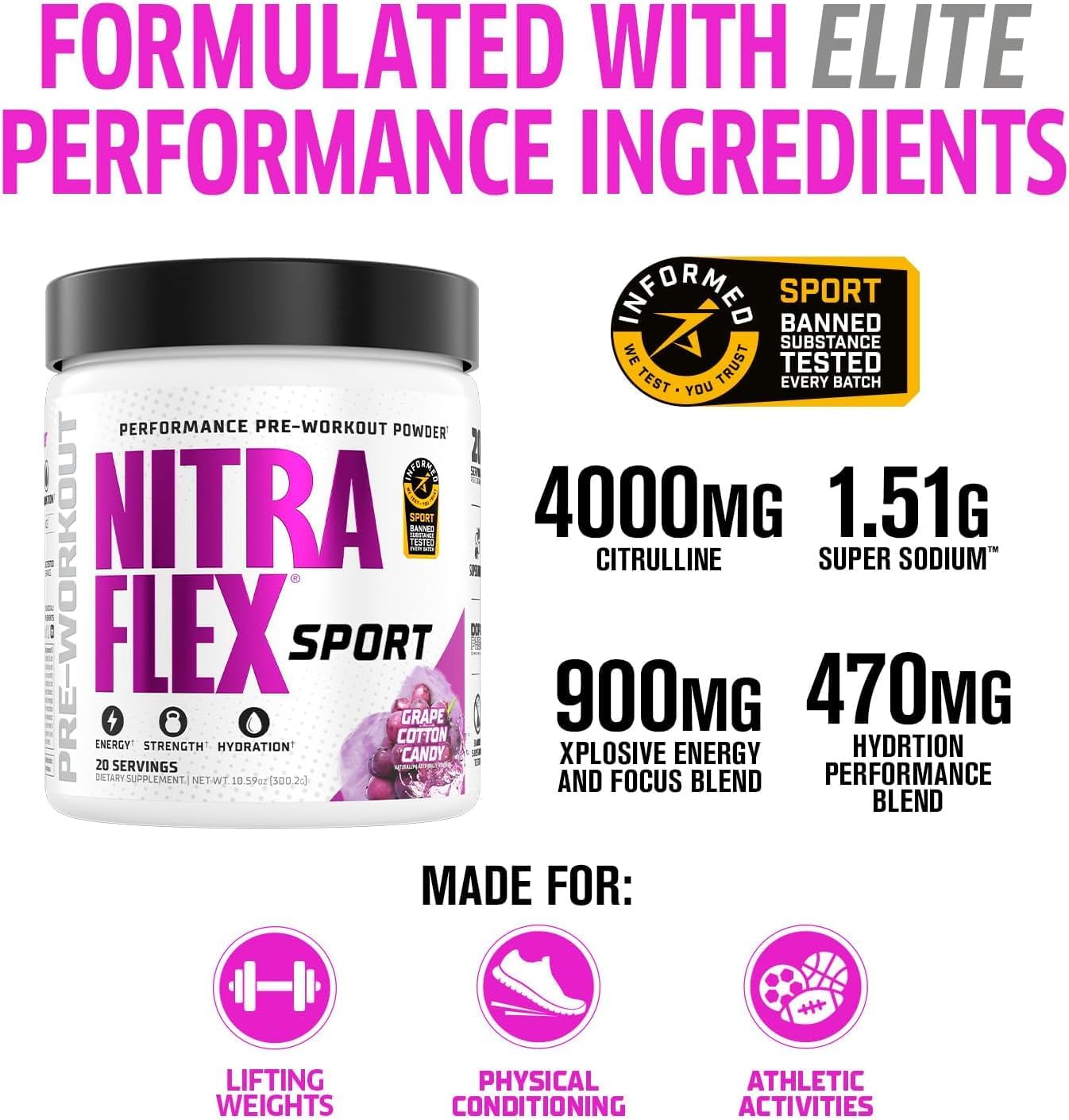 GAT Nitraflex Sport Pre Workout Powder Grape Cotton Candy 20 Servings Energy Strength Focus Hydration - END Nutrition