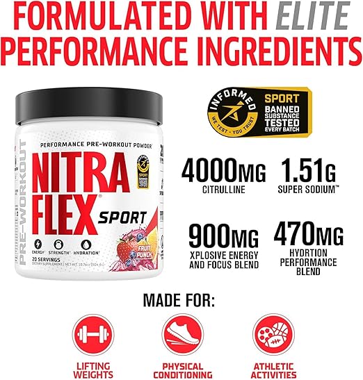 GAT Nitraflex Sport Pre Workout Powder Fruit Punch 20 Servings Energy Strength Focus Hydration - END Nutrition