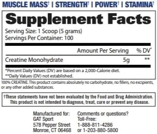 GAT Sport Creatine Monohydrate 500g Powder Strength Endurance Muscle Growth 100 Servings Unflavored - END Nutrition