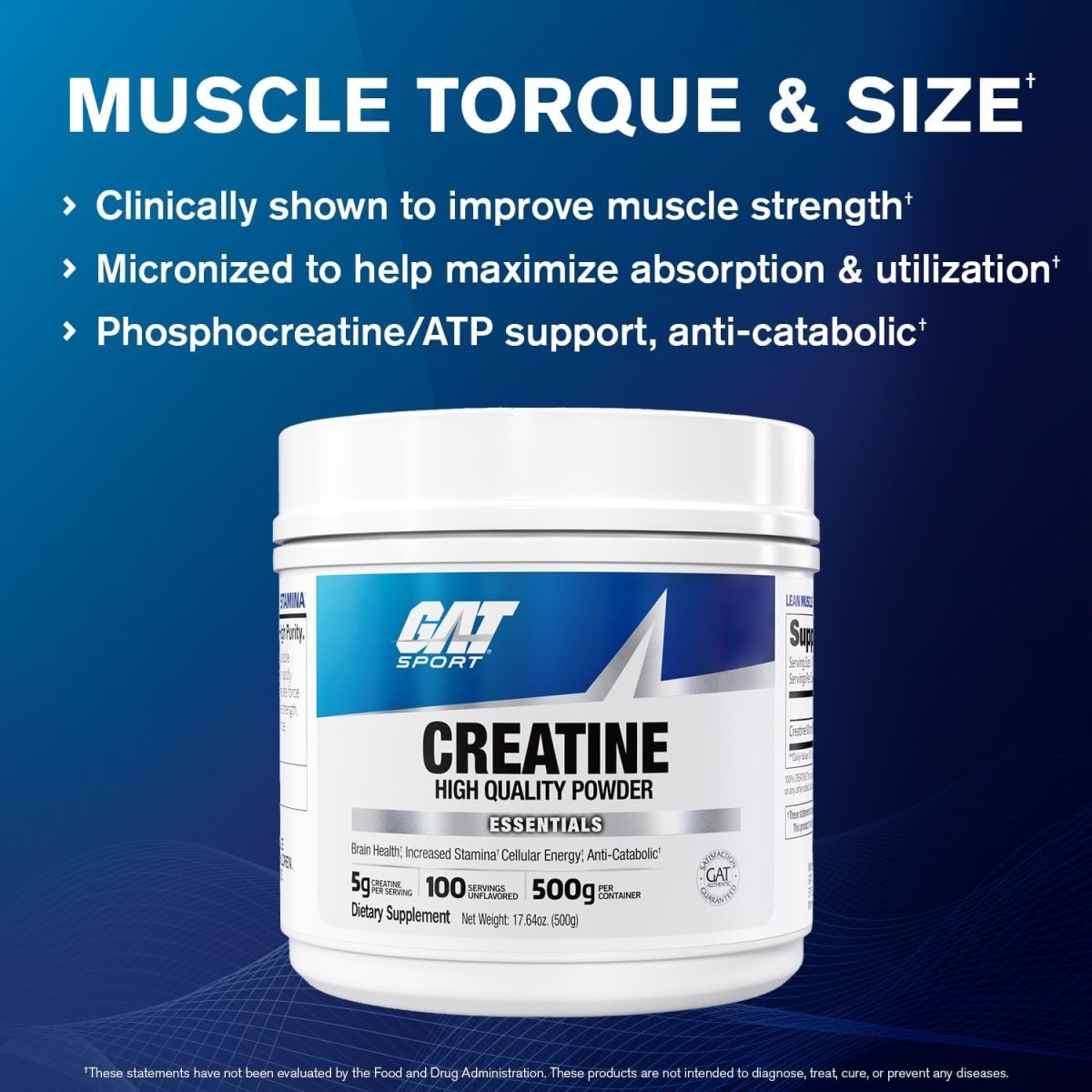 GAT Sport Creatine Monohydrate 500g Powder Strength Endurance Muscle Growth 100 Servings Unflavored - END Nutrition