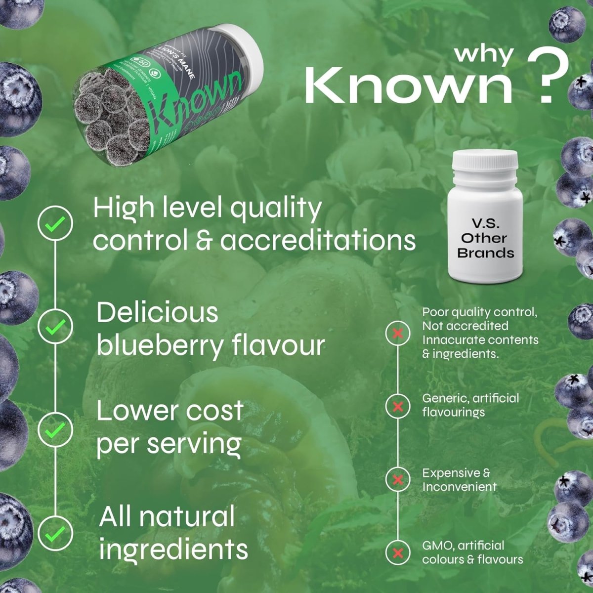 Known Lion’s Mane Mushroom Gummies – 1000 mg, Blueberry Flavour, Vegan Nootropic for Brain Health, Focus & Memory – 1 Month Supply, For Men & Women - Endnutrition.com