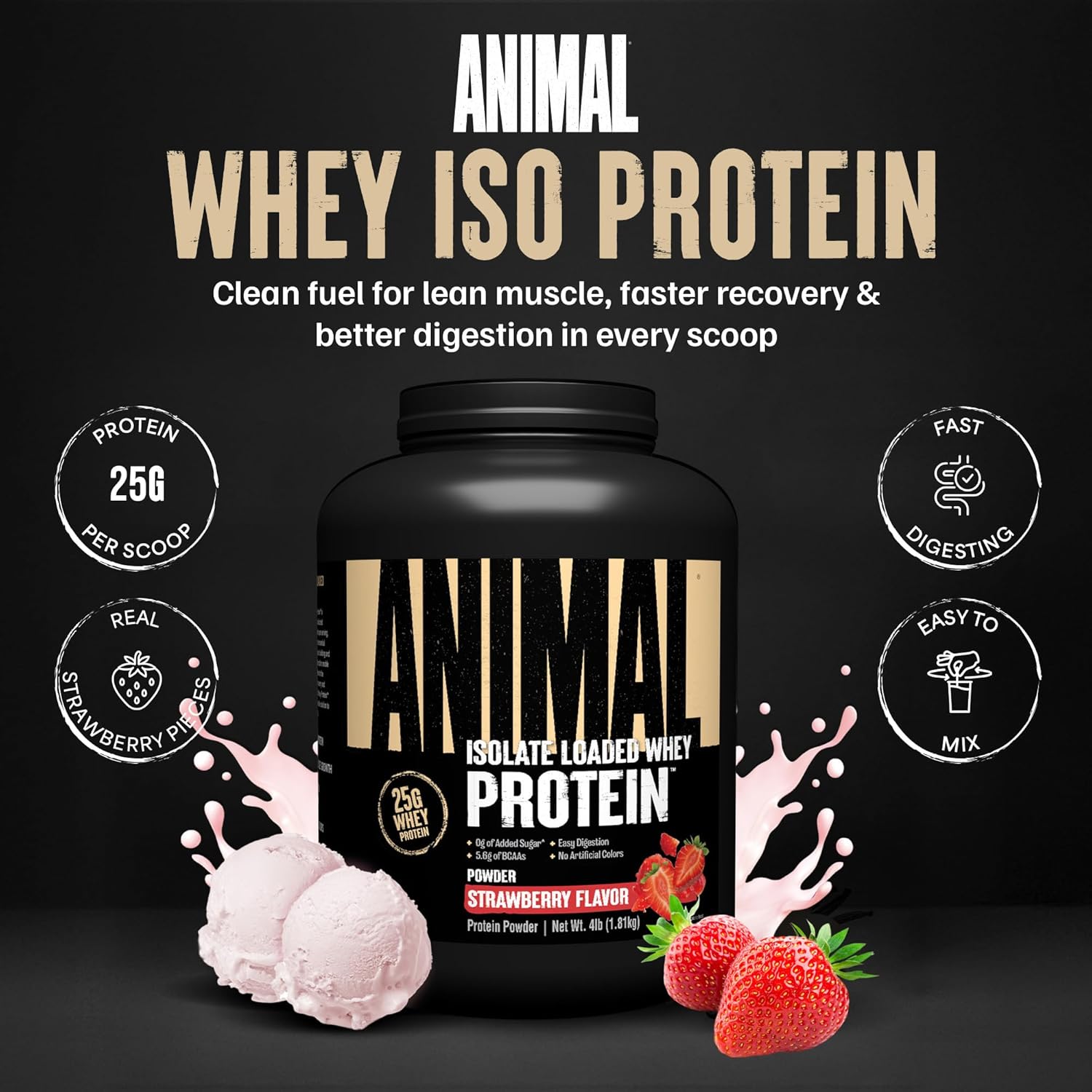 Universal Nutrition Animal Isolate Loaded Whey Protein – Fast Recovery & Lean Muscle – Strawberry Flavor – 4 lbs