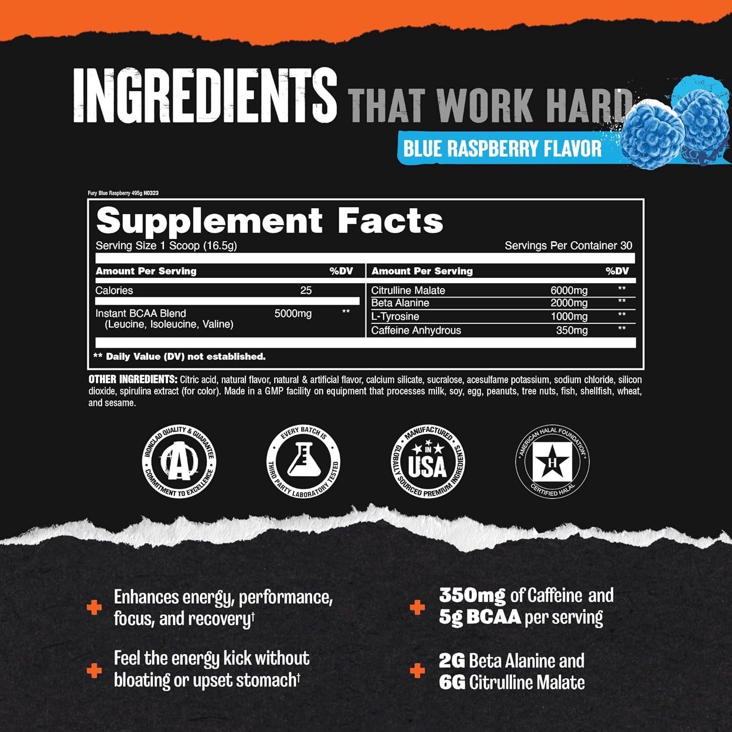 Universal Nutrition Animal Fury – Pre‑Workout Energy & Strength Formula – Citrulline, Beta‑Alanine, Caffeine – Blue Raspberry Powder – 495 g