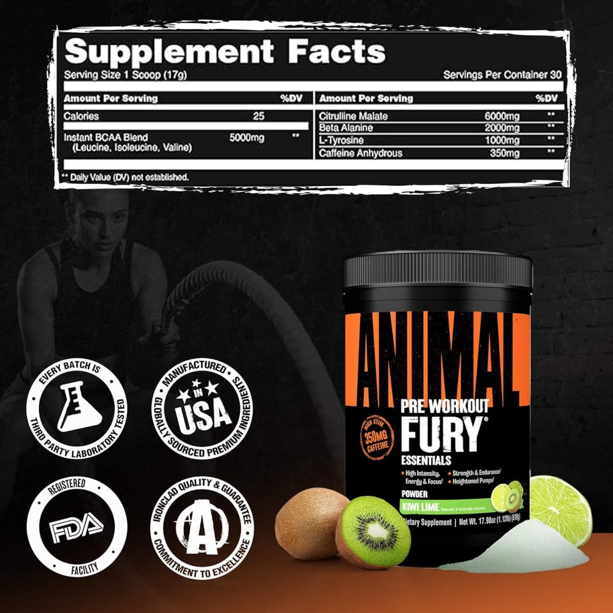 Universal Nutrition Animal Fury – Pre‑Workout Energy & Strength Formula – Citrulline, Beta‑Alanine, Caffeine – Kiwi Lime Powder – 510 g - END General Trading