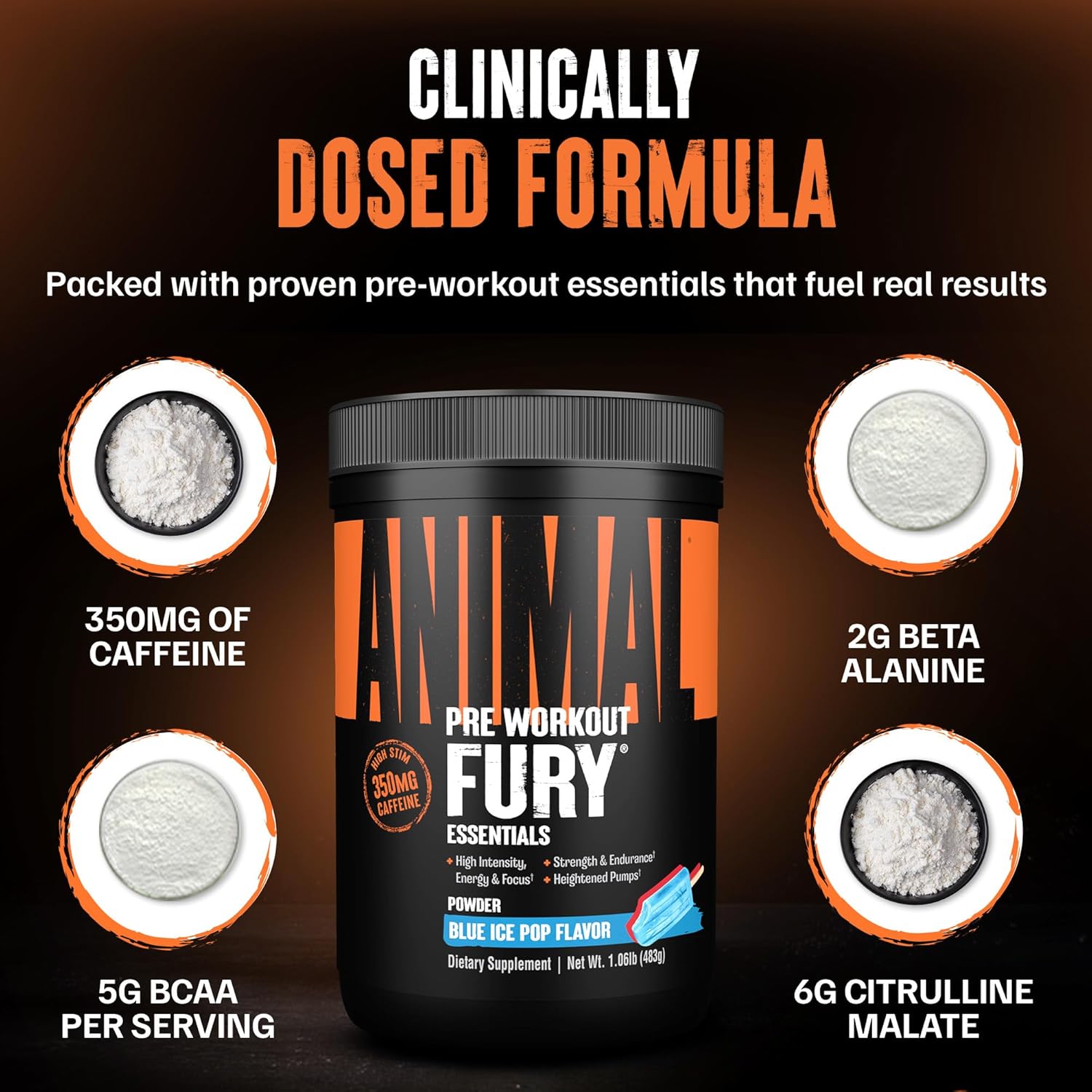 Universal Nutrition Animal Fury – Pre‑Workout Energy & Strength Formula – Citrulline, Beta‑Alanine, Caffeine – Blue Ice Pop Powder – 483 g