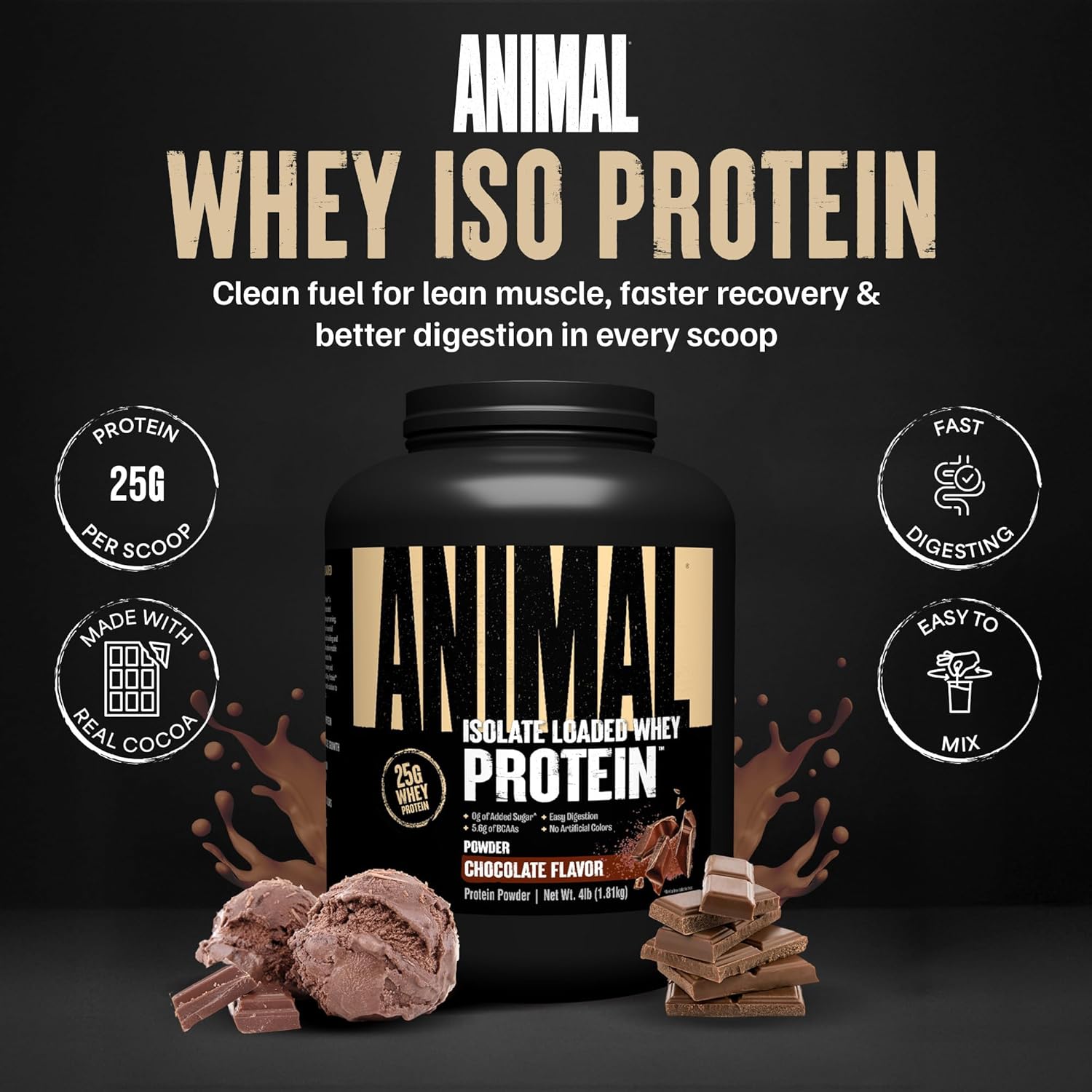 Universal Nutrition Animal Whey Isolate Protein Powder– Chocolate Flavor – 4 lbs