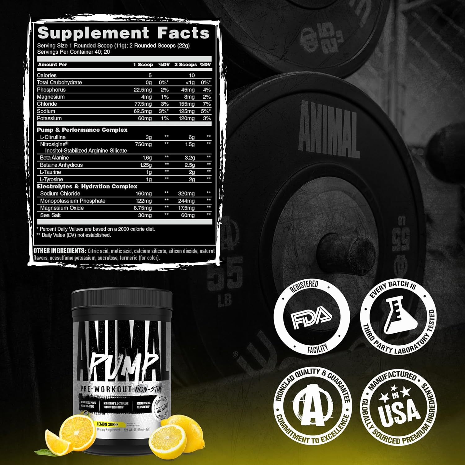Universal Nutrition Animal Pump – Pre‑Workout Pump & Energy Formula – Citrulline, Creatine, Stims – Lemon Surge Powder – 442 g