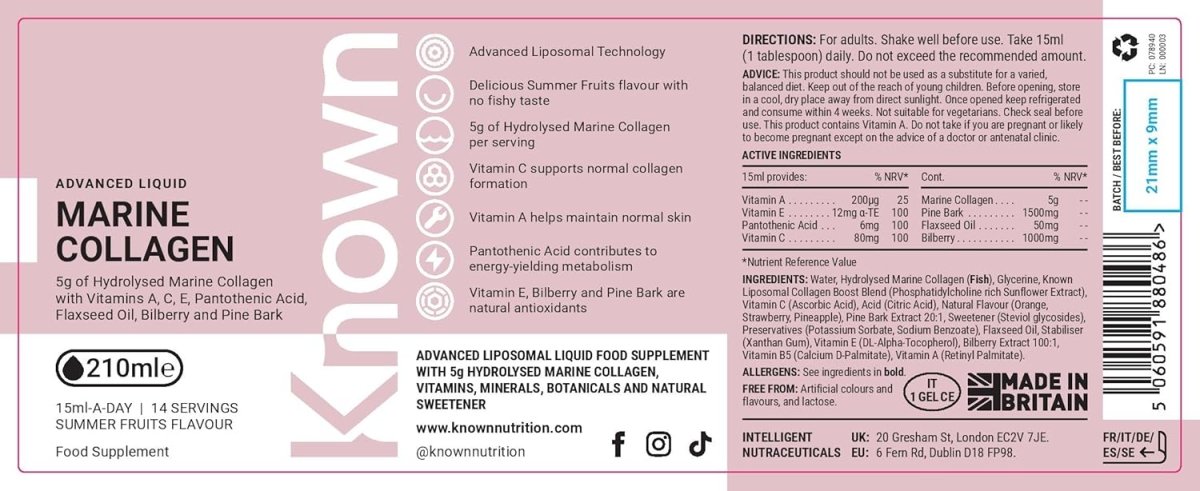 Known Advanced Hydrolysed Marine Collagen Liquid – 5000 mg Collagen, Vitamin A & C – Skin, Hair & Nail Support – Summer Fruits Flavour – 210 ml Bottle, 3rd Party Tested - END Nutrition