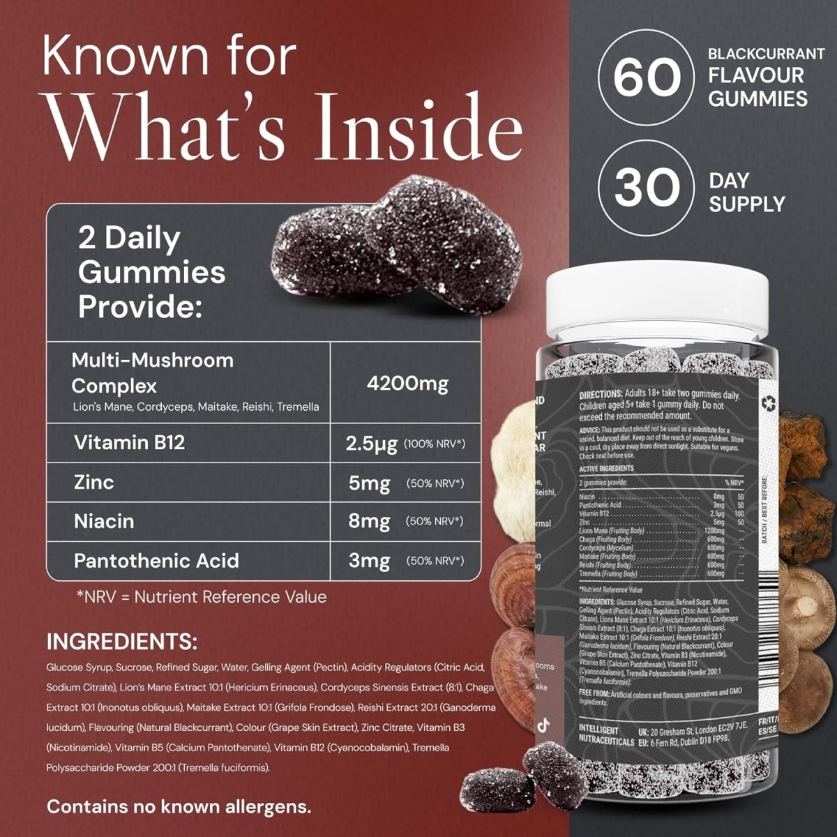 Known High Strength Multi Mushrooms Gummies – Lion’s Mane, Reishi, Cordyceps, Chaga – Cognitive, Immune & Energy Support – Vegan, Natural Flavour – 60 Gummies, 1 Month Supply - END Nutrition
