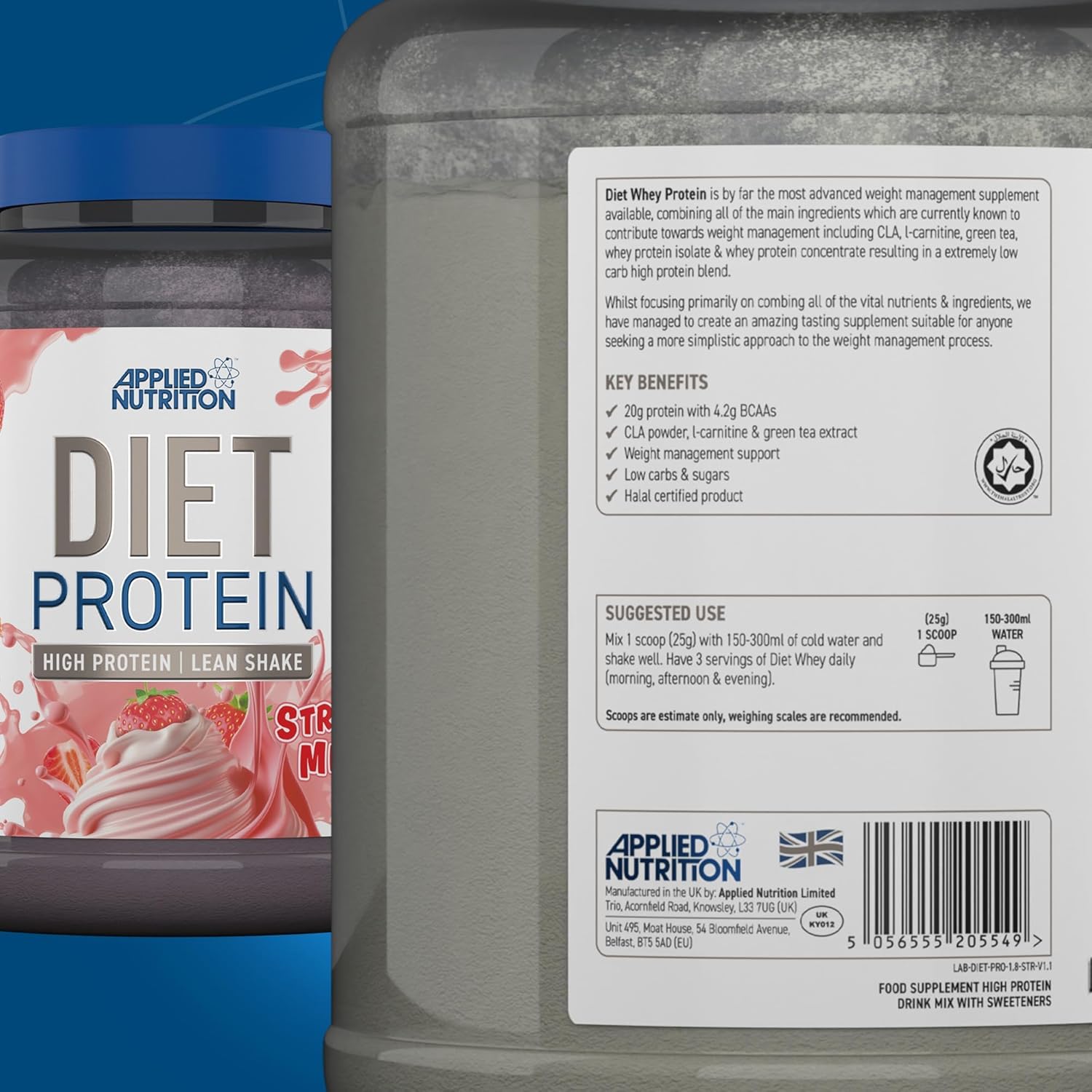 Applied Nutrition Diet Whey – Strawberry Flavour – 1.8 kg (72 Servings) – High Protein, Low Carb & Sugar – Weight Management with CLA, L‑Carnitine & Green Tea