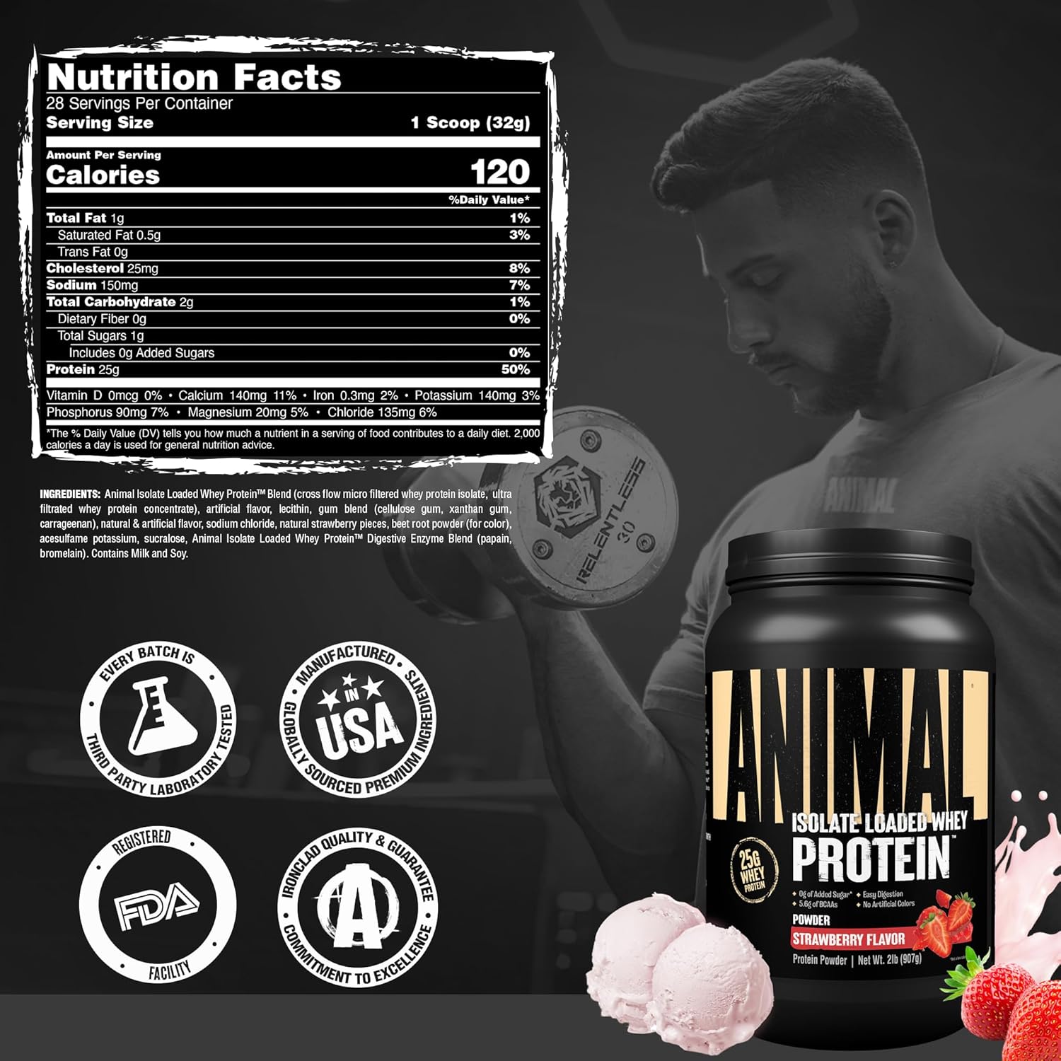 Universal Nutrition Animal Isolate Loaded Whey Protein – Fast Recovery & Lean Muscle – Strawberry Flavor – 2 lb