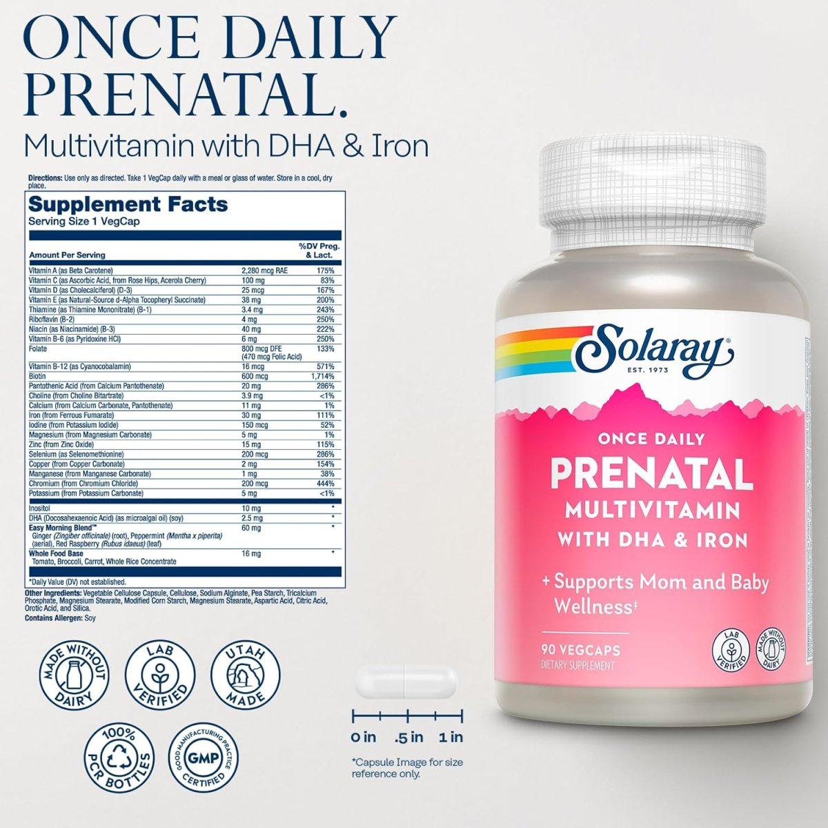 Solaray Once Daily Prenatal Multivitamin with DHA & Iron – Complete Vitamins & Minerals for Expectant Mothers – Herbal Blend & Whole Food Base – 90 Vegan Capsules - END Nutrition