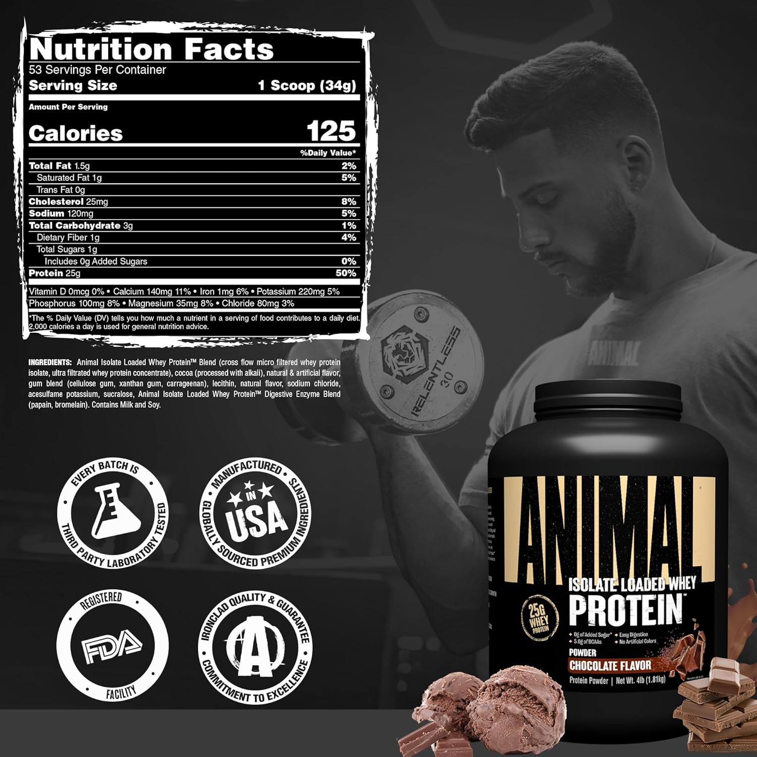 Universal Nutrition Animal Whey Isolate Protein Powder– Chocolate Flavor – 4 lbs