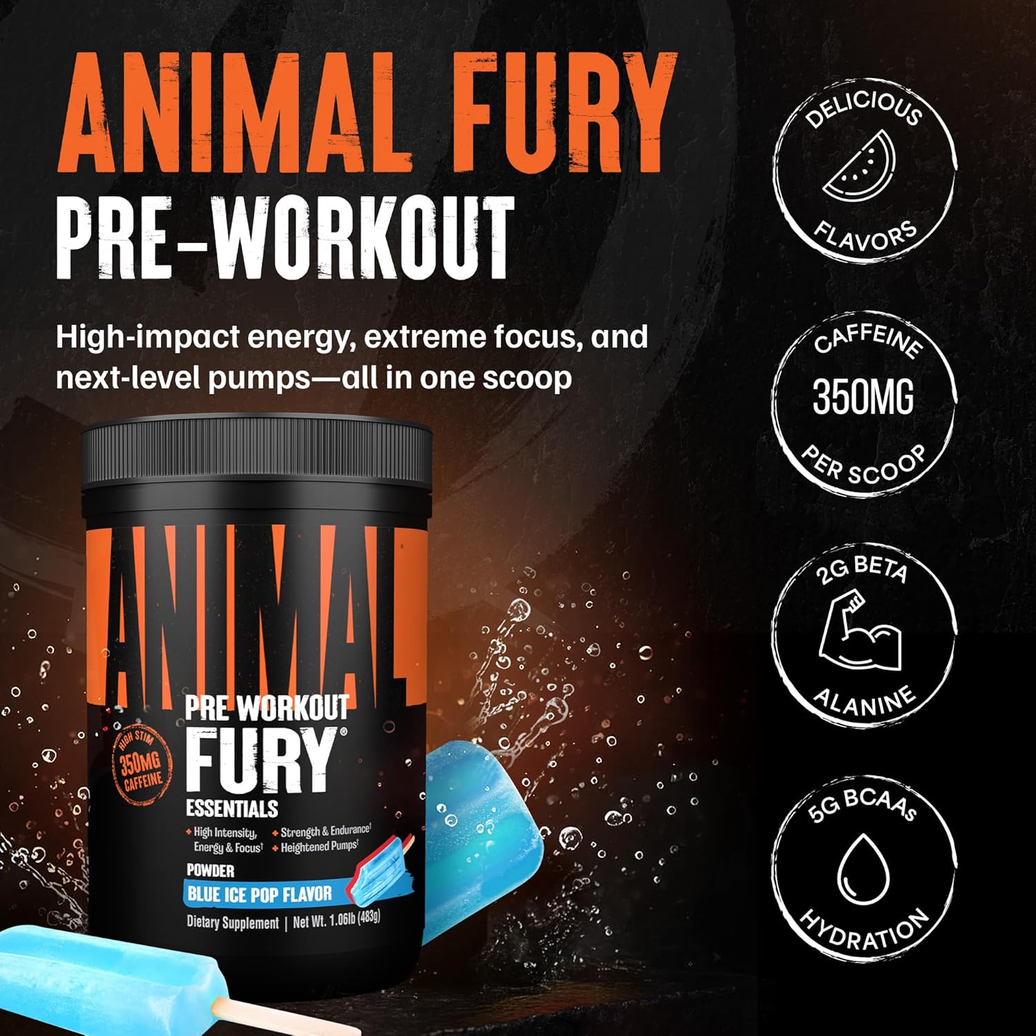 Universal Nutrition Animal Fury – Pre‑Workout Energy & Strength Formula – Citrulline, Beta‑Alanine, Caffeine – Blue Ice Pop Powder – 483 g