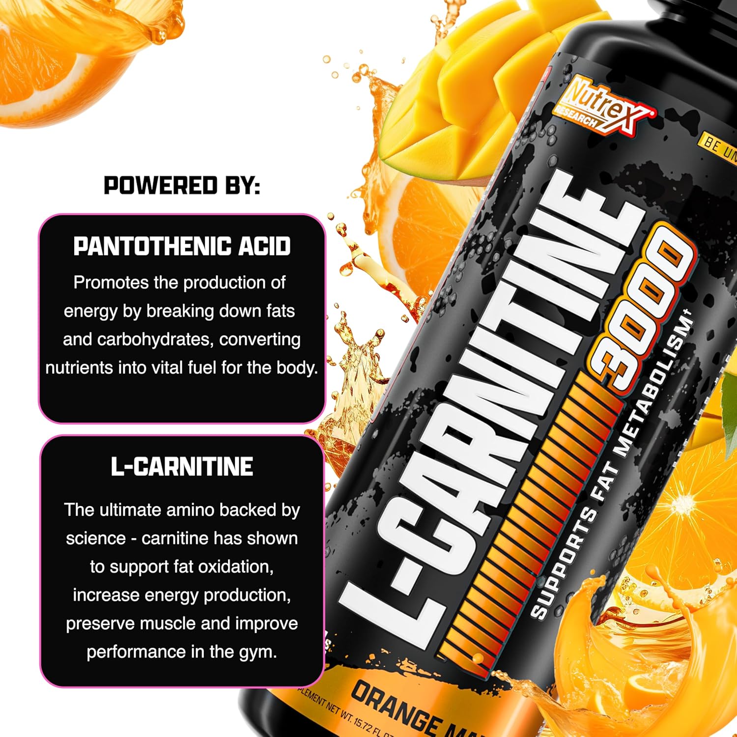 Nutrex Liquid L‑Carnitine 3000 – Orange Mango – 31 Servings – Fat Metabolism, Energy & Endurance Support