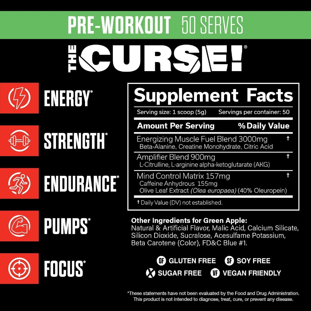 JNX Sports The Curse Pre Workout Green Apple 50 Servings Energy & Focus - endnutrition.com