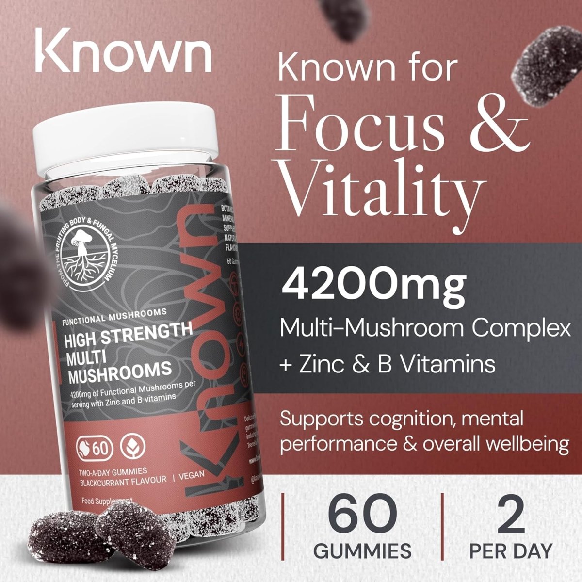 Known High Strength Multi Mushrooms Gummies – Lion’s Mane, Reishi, Cordyceps, Chaga – Cognitive, Immune & Energy Support – Vegan, Natural Flavour – 60 Gummies, 1 Month Supply - END Nutrition