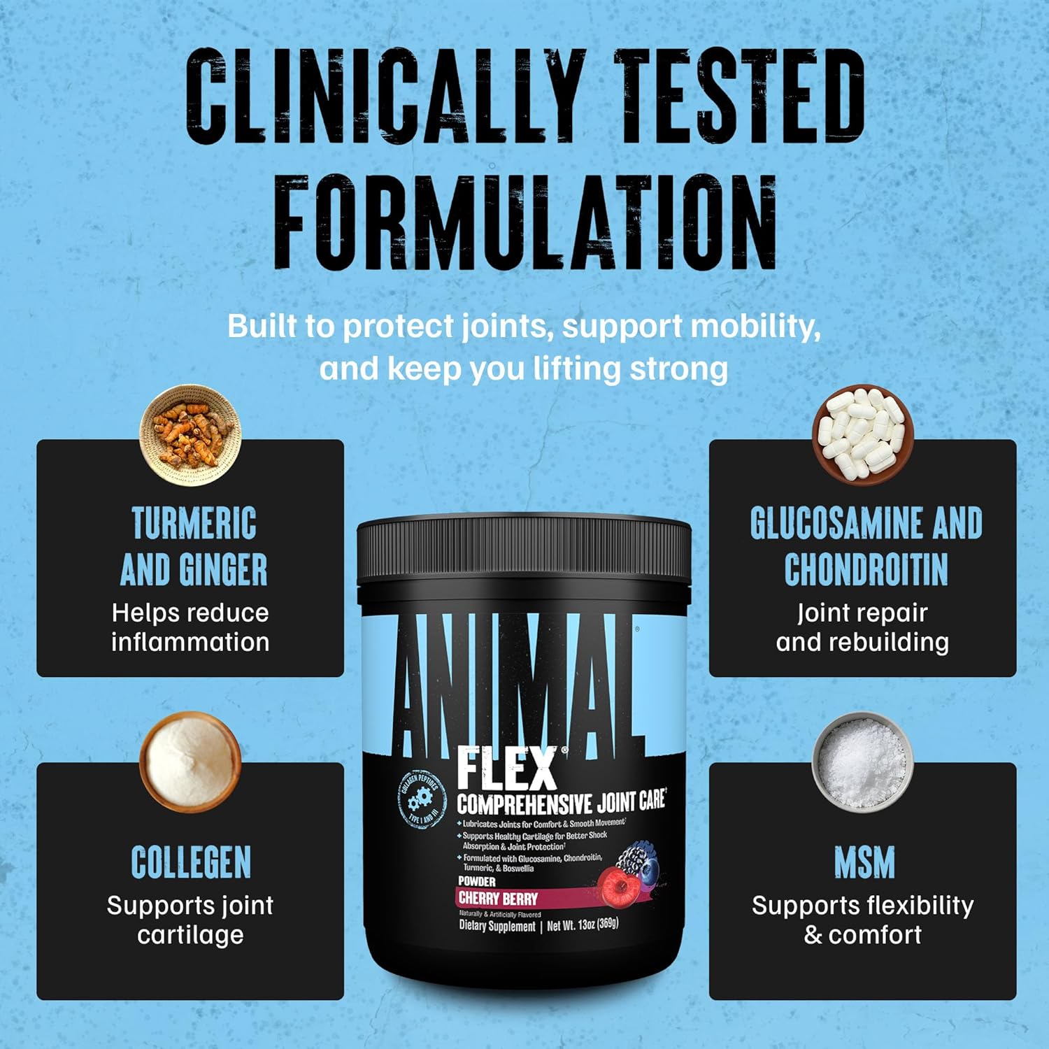Animal Flex Powder – Joint Support Supplement – Turmeric, Glucosamine, Chondroitin, MSM, Collagen & Boswellia – Cherry Flavor – 30 Scoops
