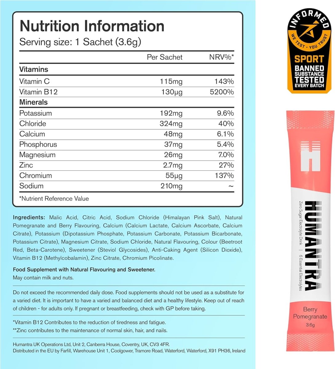 Humantra Electrolyte Powder – Berry Pomegranate (20 Sachets) | 6-Electrolyte Hydration | Plant-Based, Vegan, Sugar Free & Gluten Free - END General Trading
