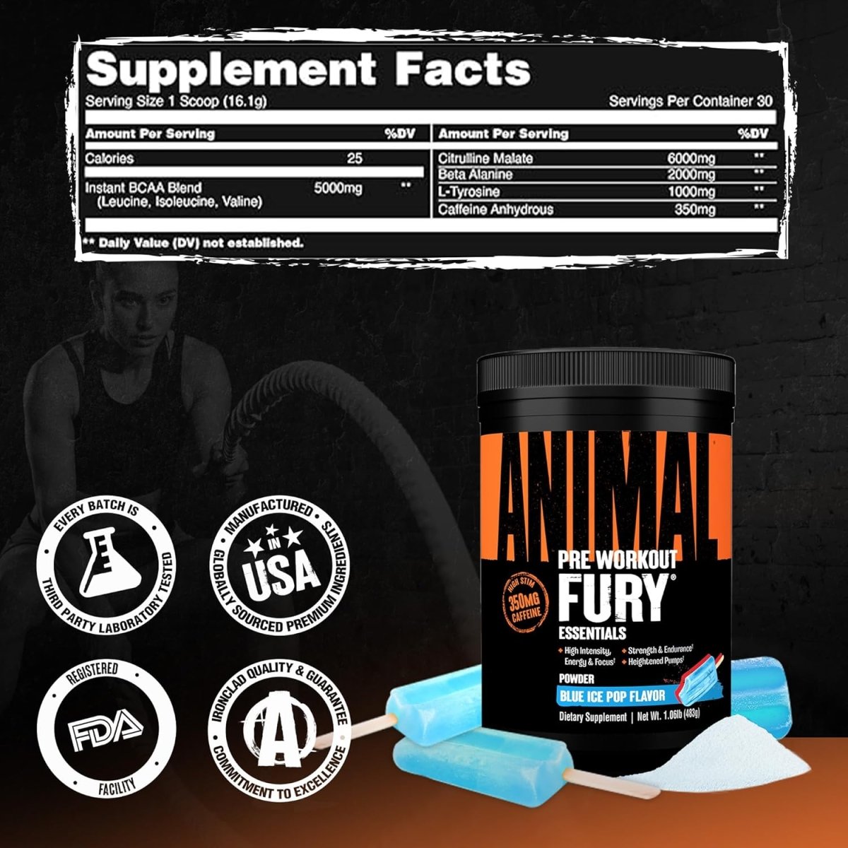 Universal Nutrition Animal Fury – Pre‑Workout Energy & Strength Formula – Citrulline, Beta‑Alanine, Caffeine – Blue Ice Pop Powder – 483 g - END General Trading