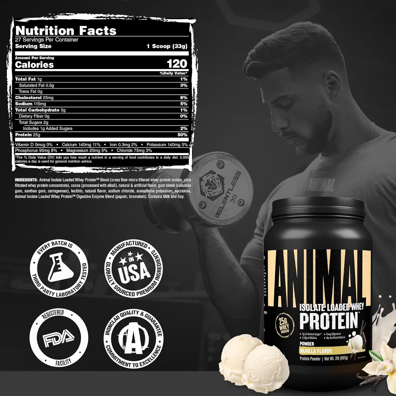 Universal Nutrition Animal Isolate Loaded Whey Protein – Fast Recovery & Lean Muscle – Vanilla Flavor – 2 lb