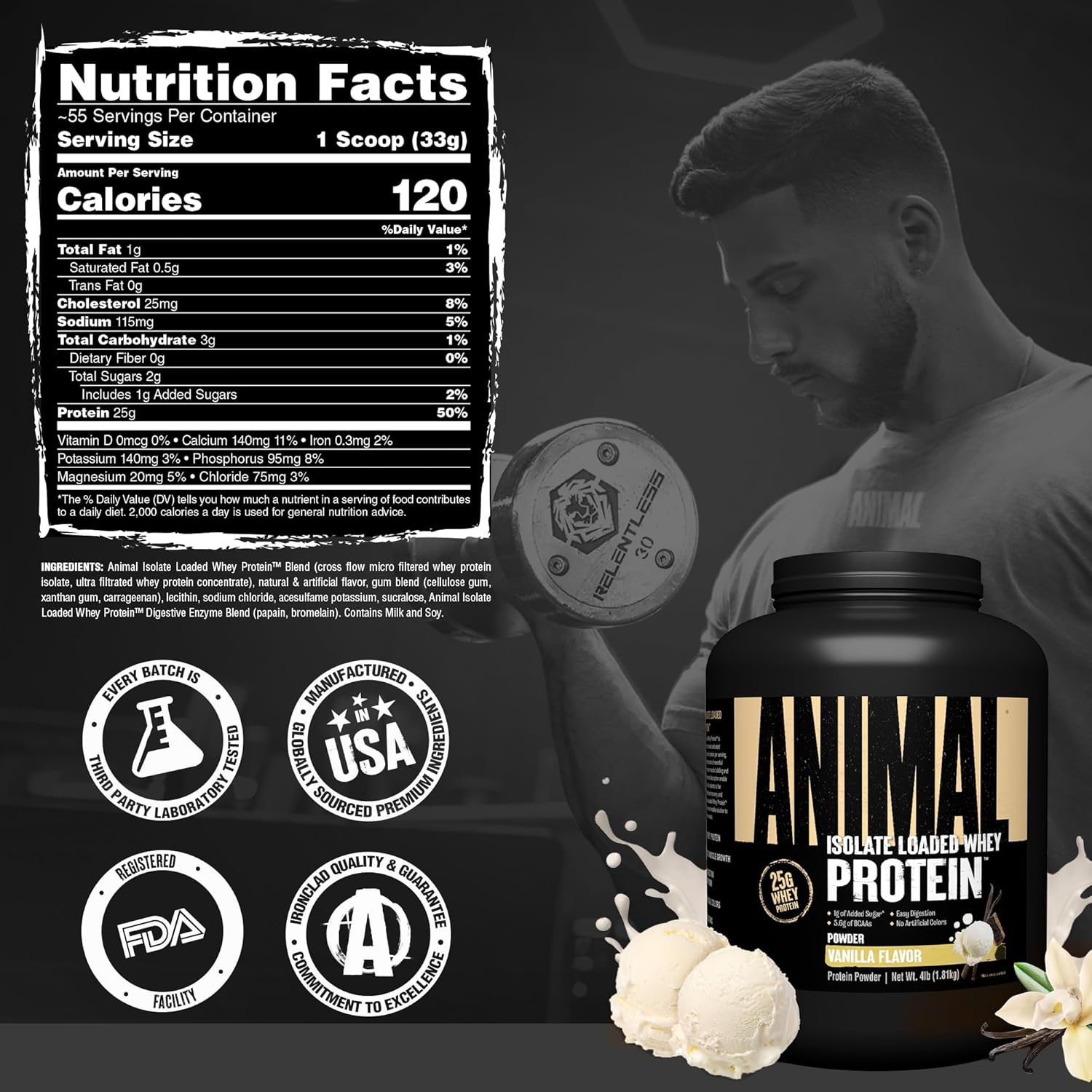Universal Nutrition Animal Whey Isolate Protein Powder – Pre & Post Workout Muscle Builder – Digestive Enzymes – Vanilla Flavor – 4 lbs