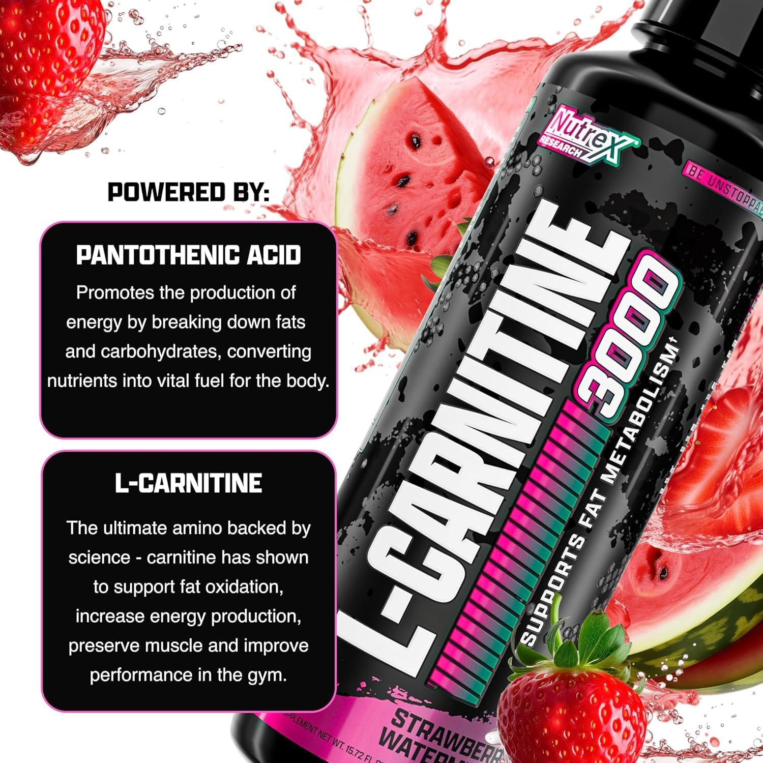 Nutrex Research Liquid L‑Carnitine 3000 – Strawberry Watermelon – Clinically Dosed – Energy, Metabolism & Recovery – No Sugar, No Carbs, No Stimulants – 31 Servings