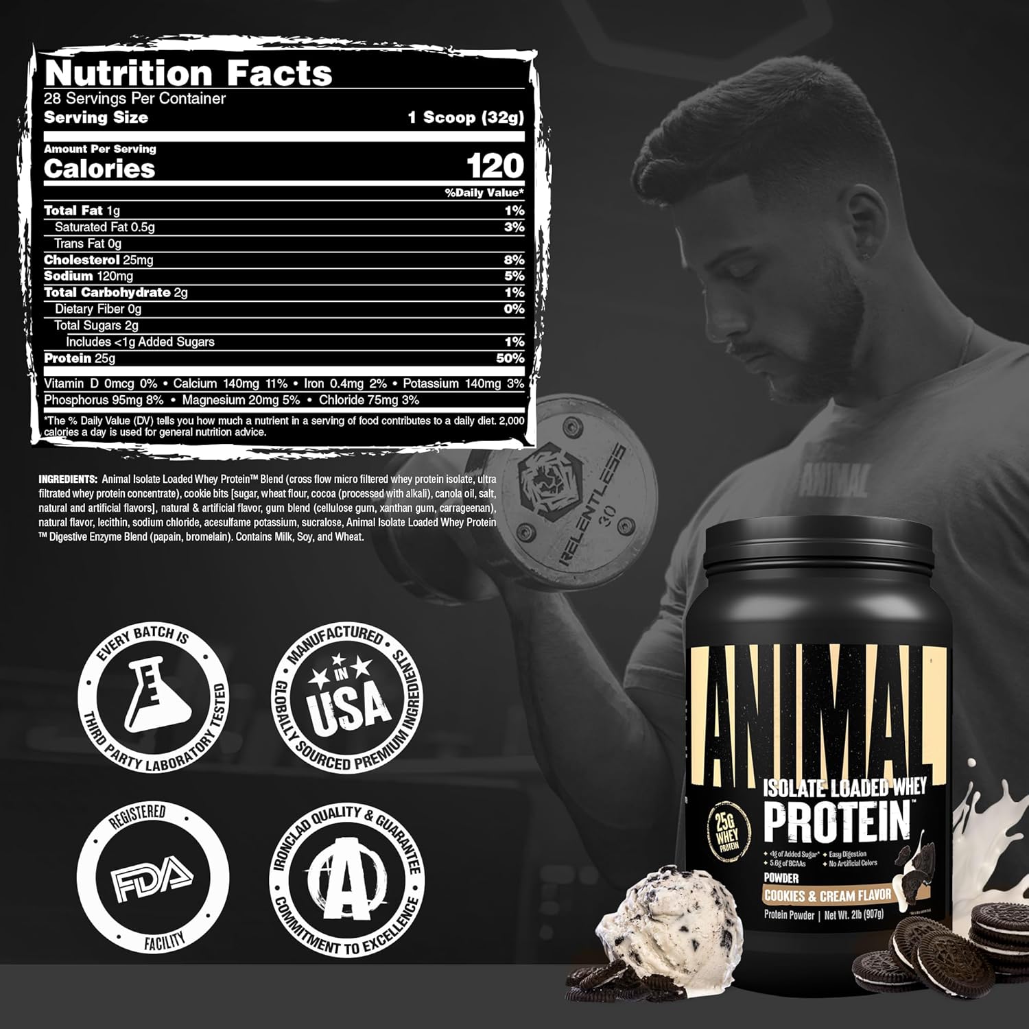 Universal Nutrition Animal Isolate Loaded Whey Protein – Fast Recovery & Lean Muscle – Cookies & Cream Flavor – 2 lb