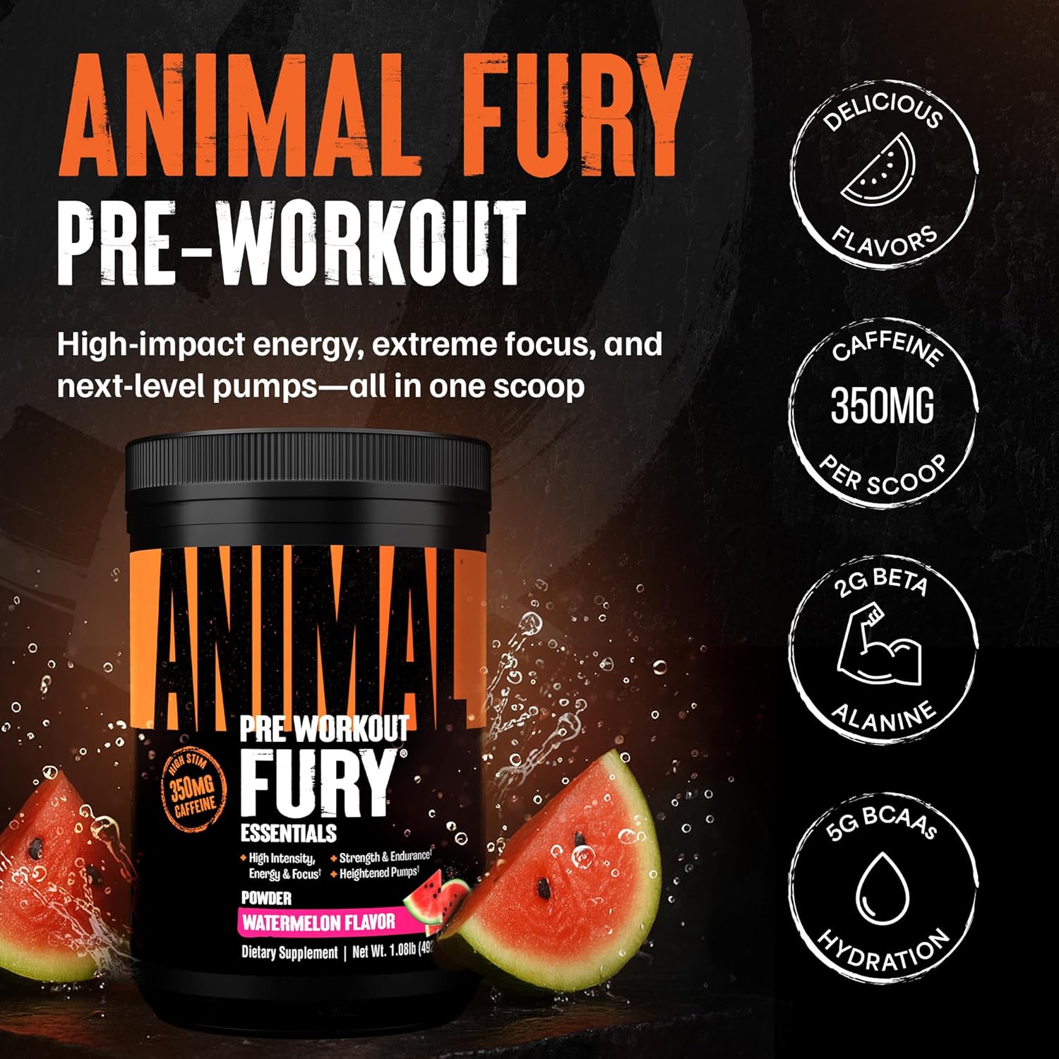Universal Nutrition Animal Fury – Pre‑Workout Energy & Strength Formula – Citrulline, Beta‑Alanine, Caffeine – Watermelon Powder – 492 g