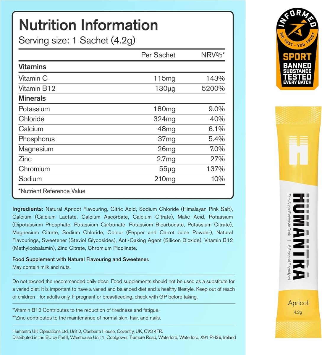 Humantra Electrolyte Powder – Apricot (20 Sachets) | 6-Electrolyte Hydration | Plant-Based, Vegan, Sugar Free & Gluten Free - END General Trading
