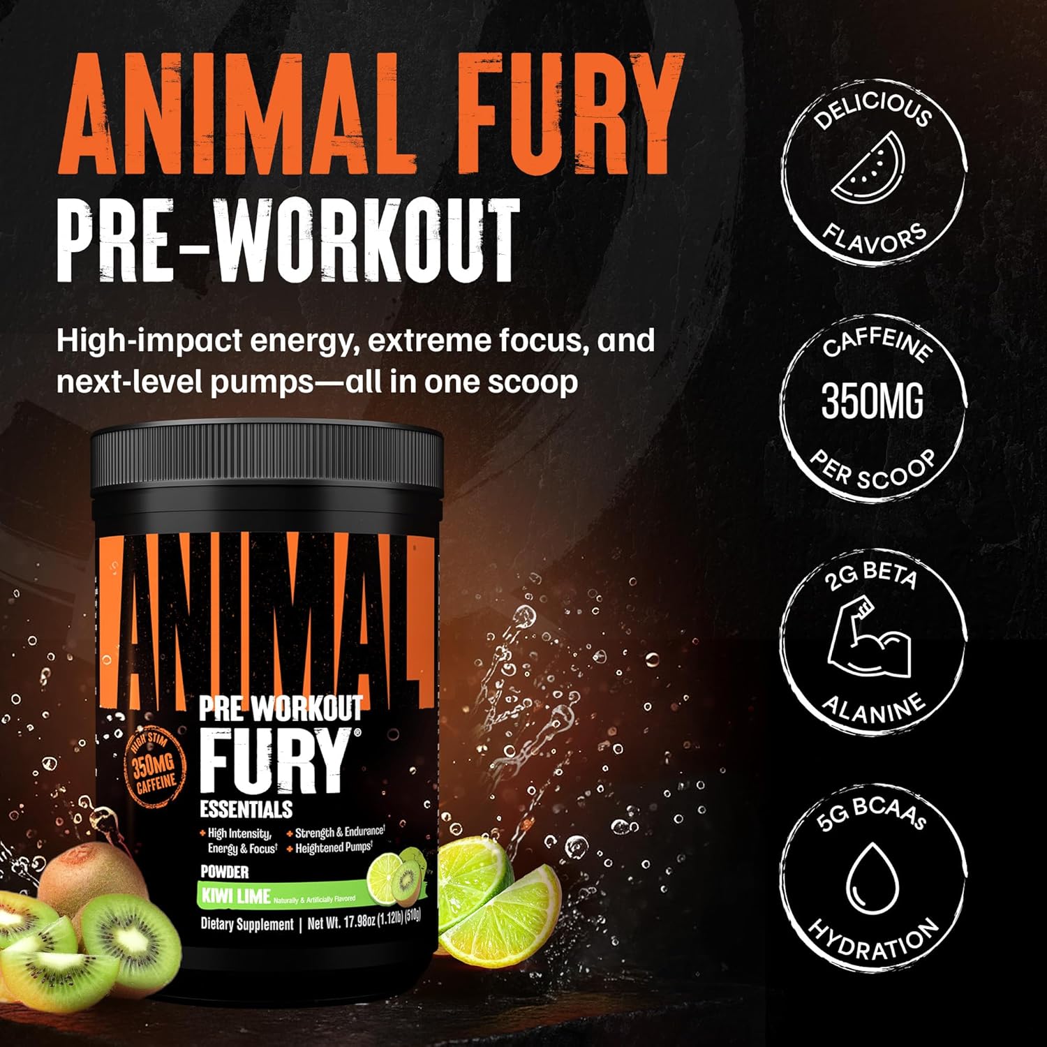 Universal Nutrition Animal Fury – Pre‑Workout Energy & Strength Formula – Citrulline, Beta‑Alanine, Caffeine – Kiwi Lime Powder – 510 g