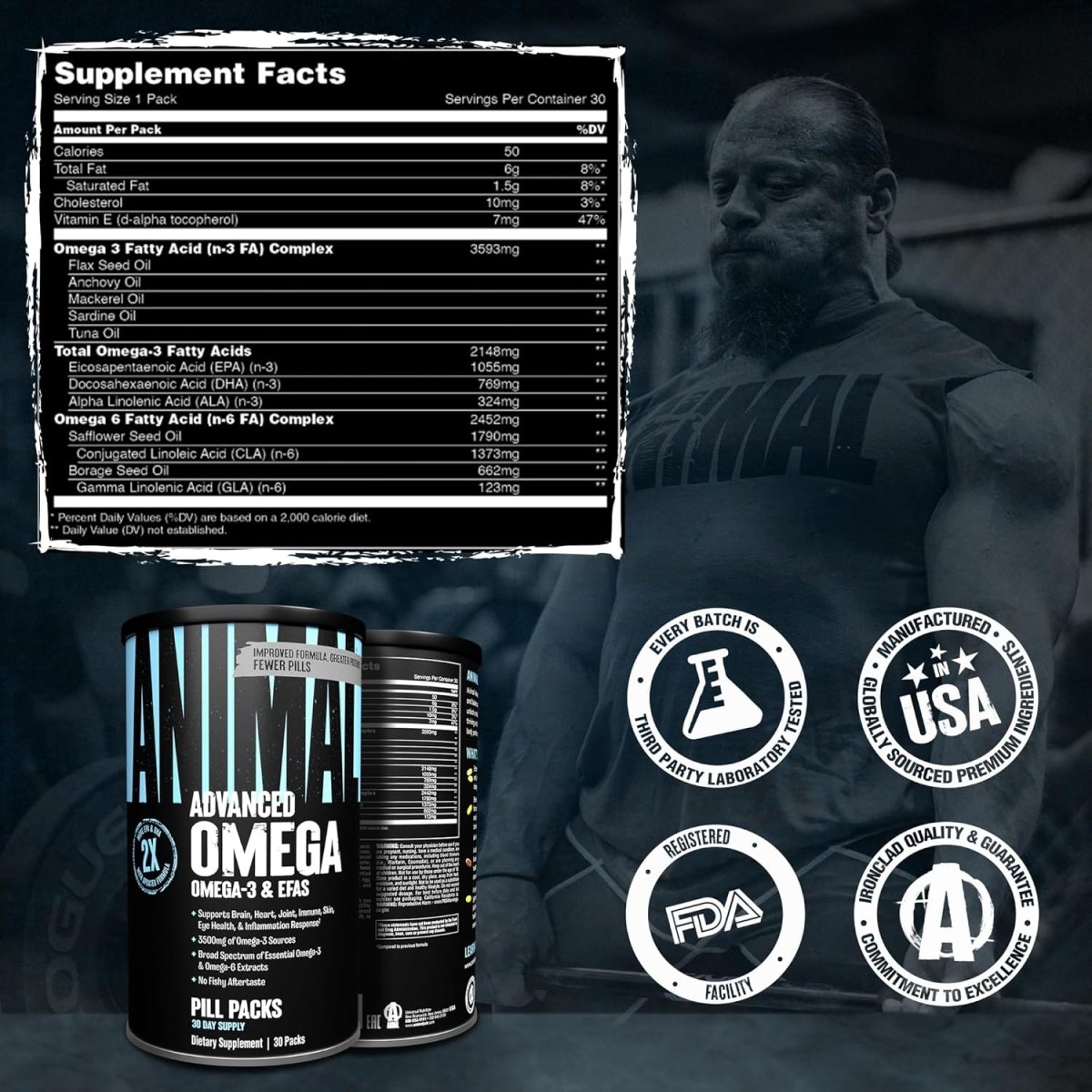 Universal Nutrition Animal Advanced Omega 3 – 3500 mg EPA & DHA Fish Oil + CLA, GLA, ALA – Brain, Skin, Eye, Immune & Joint Support – 30 Pill Packs - endnutrition.com