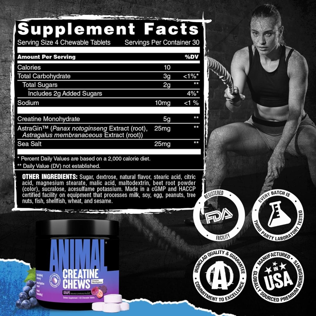 Universal Nutrition Animal Creatine Chews – Micronized Creatine for Strength, Recovery & Energy – Grape Flavor – 120 Chews - END General Trading