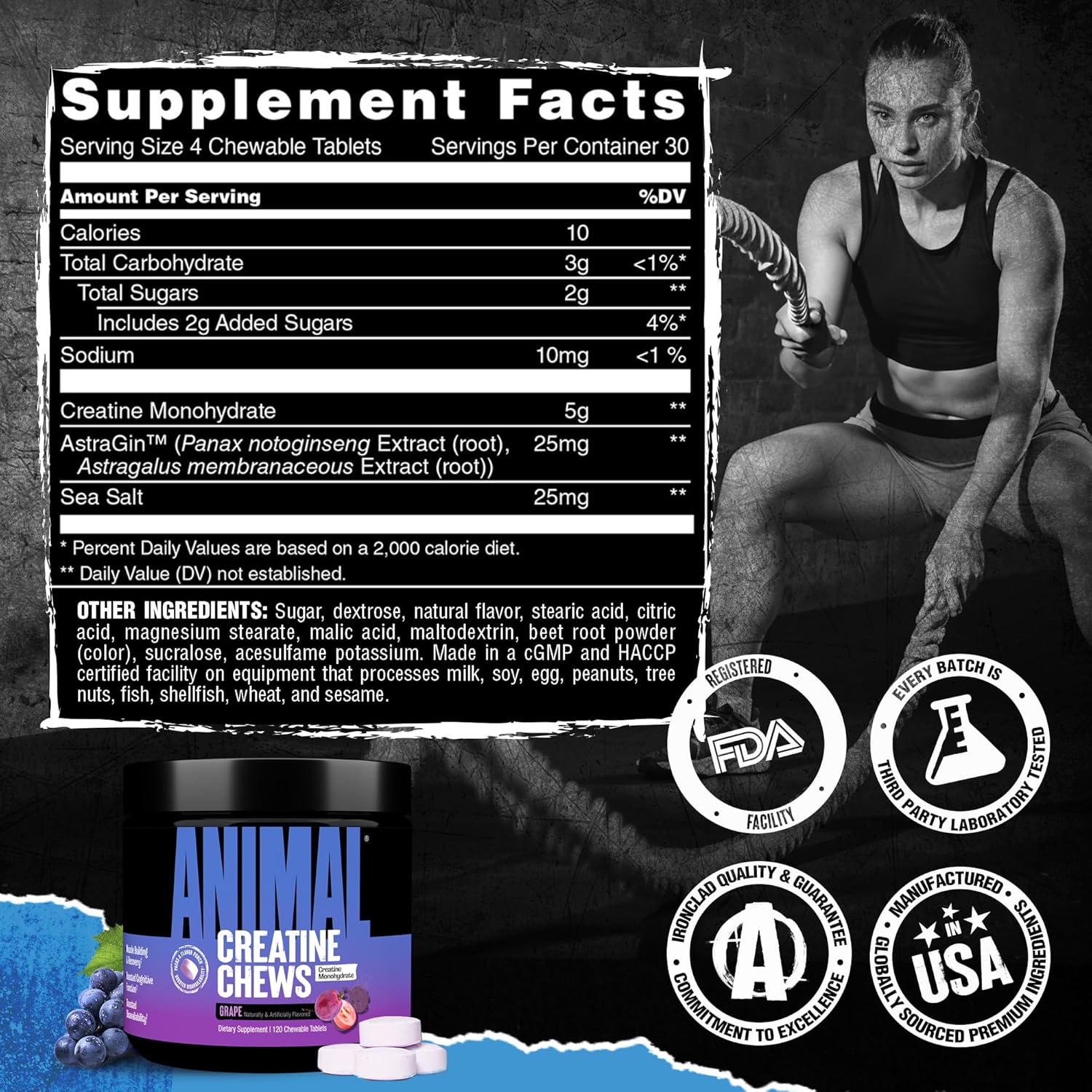 Universal Nutrition Animal Creatine Chews – Micronized Creatine for Strength, Recovery & Energy – Grape Flavor – 120 Chews