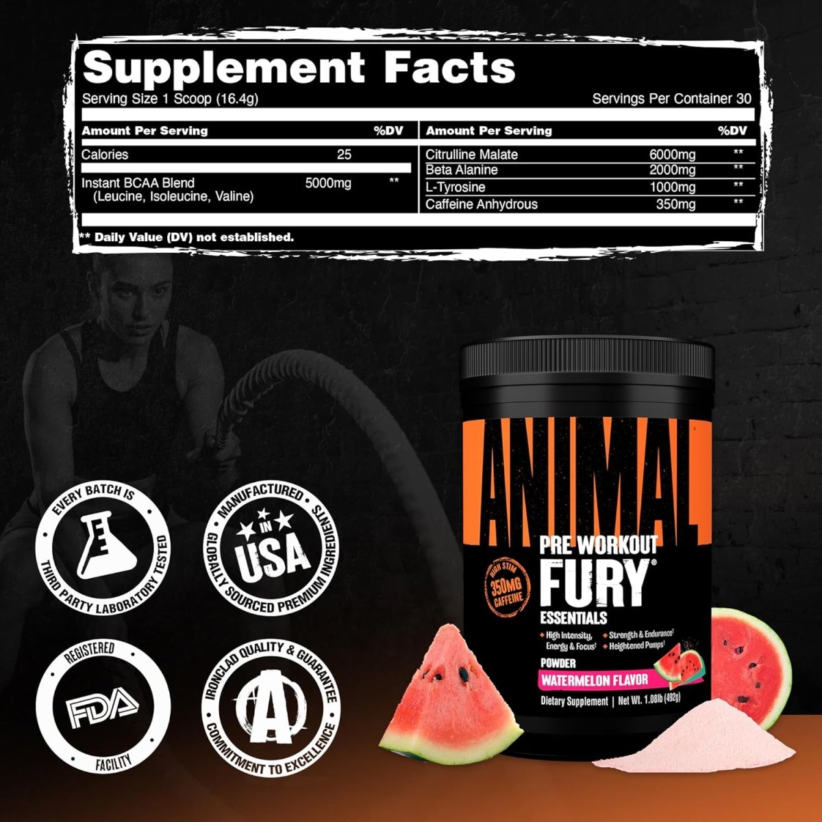 Universal Nutrition Animal Fury – Pre‑Workout Energy & Strength Formula – Citrulline, Beta‑Alanine, Caffeine – Watermelon Powder – 492 g - END General Trading
