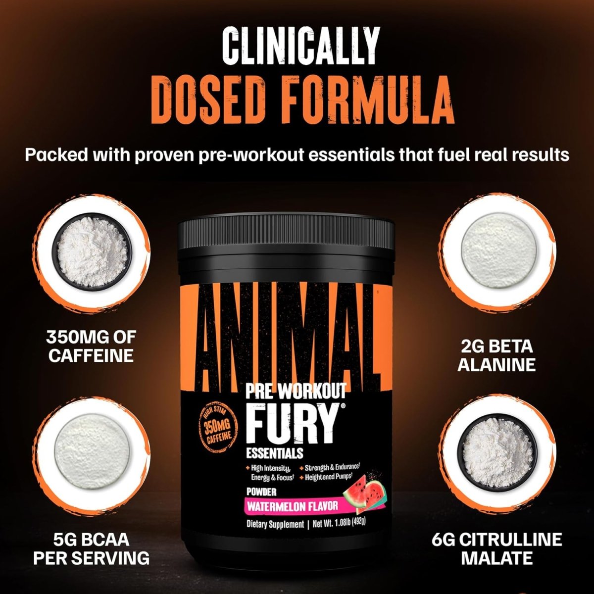 Universal Nutrition Animal Fury – Pre‑Workout Energy & Strength Formula – Citrulline, Beta‑Alanine, Caffeine – Watermelon Powder – 492 g - END General Trading