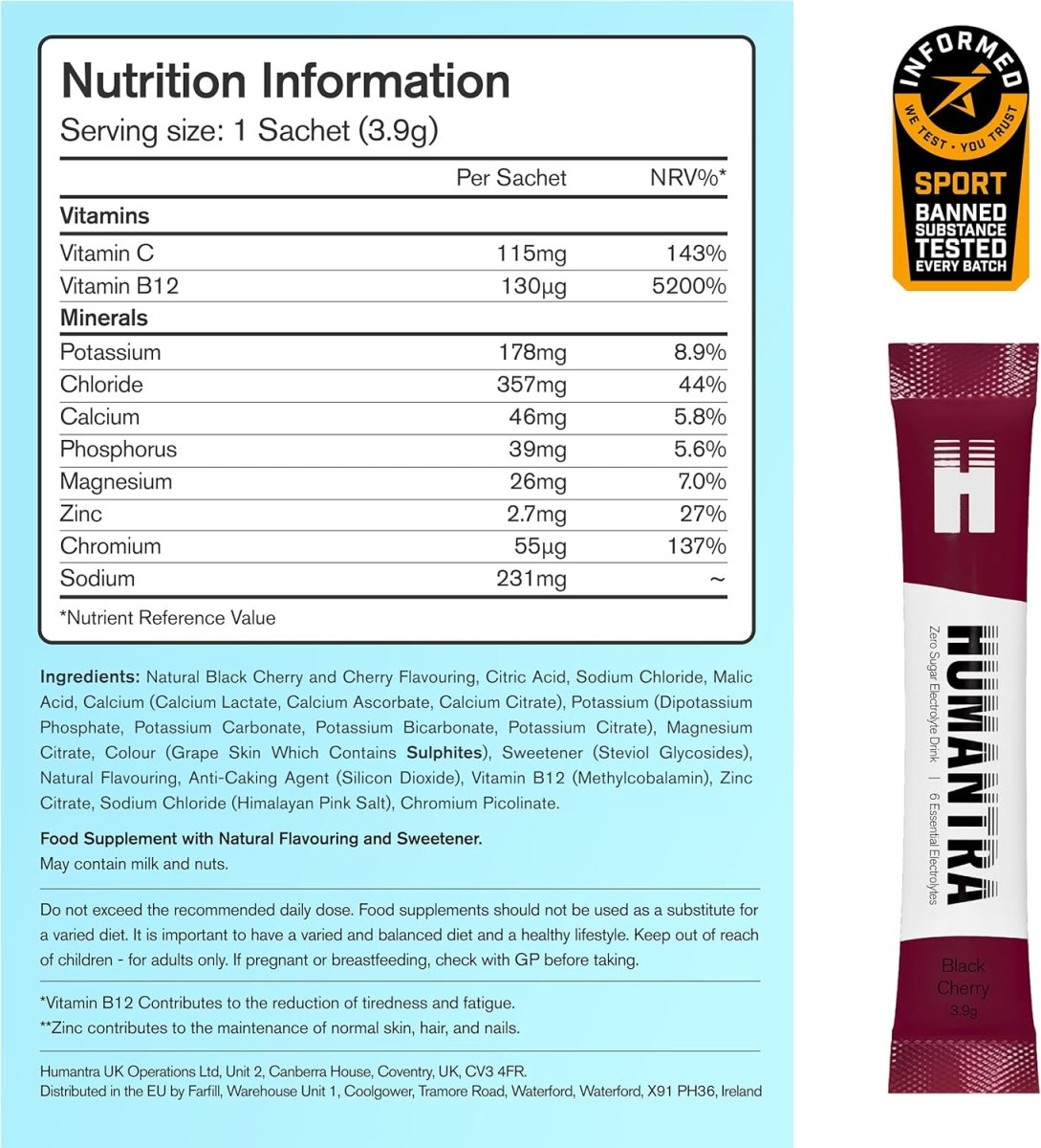Humantra Electrolyte Powder – Black Cherry (20 Sachets) | 6-Electrolyte Hydration | Plant-Based, Vegan, Sugar Free & Gluten Free - END General Trading