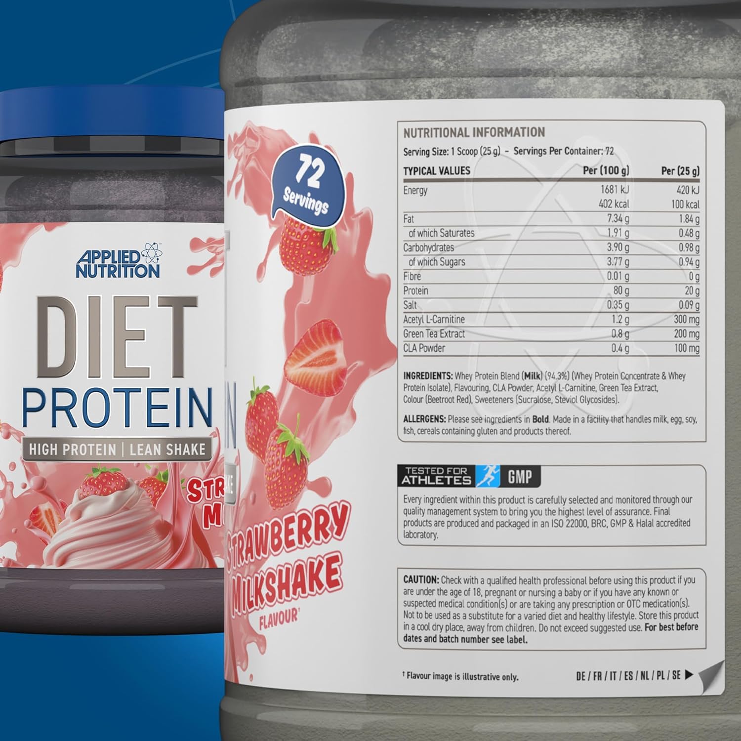 Applied Nutrition Diet Whey – Strawberry Flavour – 1.8 kg (72 Servings) – High Protein, Low Carb & Sugar – Weight Management with CLA, L‑Carnitine & Green Tea
