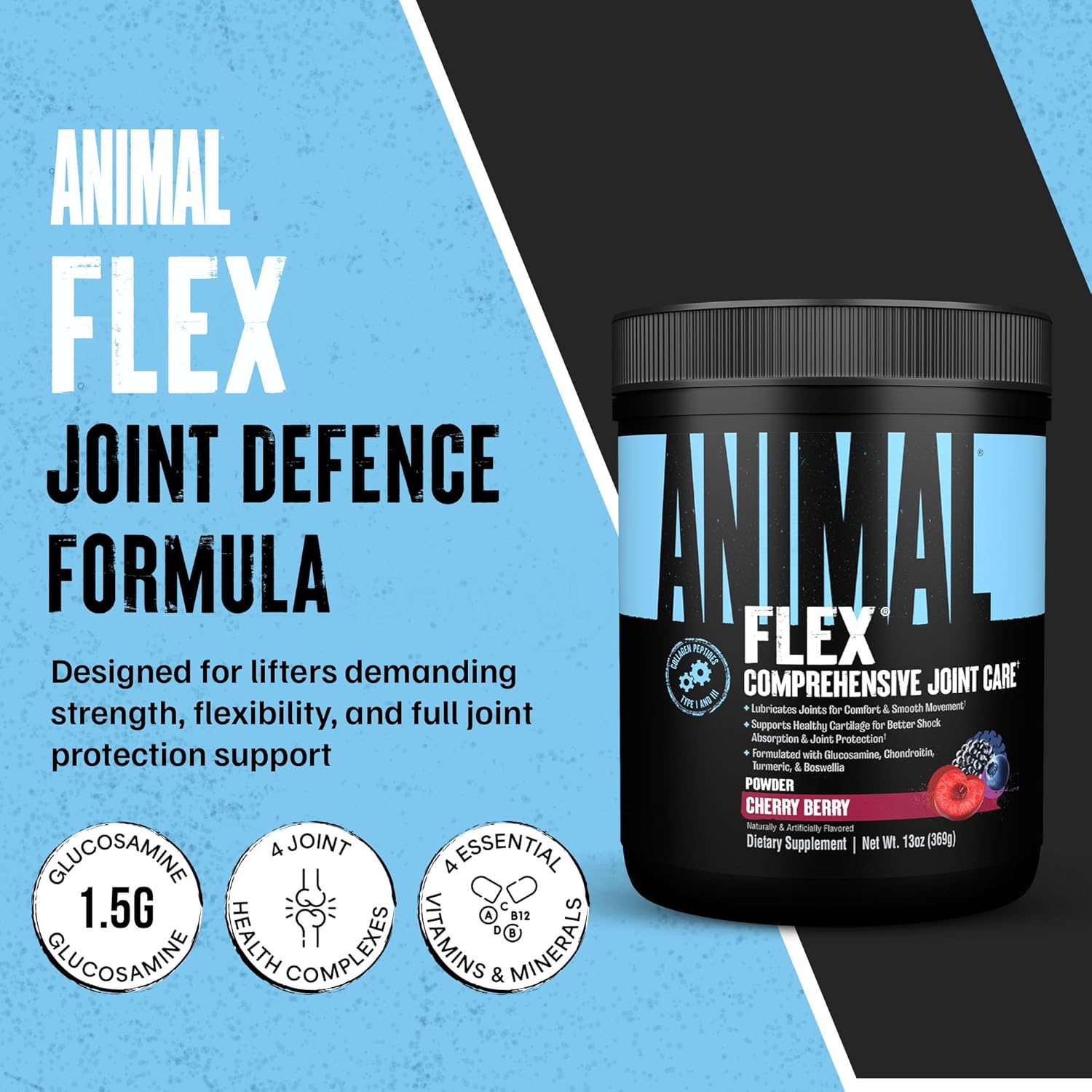 Animal Flex Powder – Joint Support Supplement – Turmeric, Glucosamine, Chondroitin, MSM, Collagen & Boswellia – Cherry Flavor – 30 Scoops