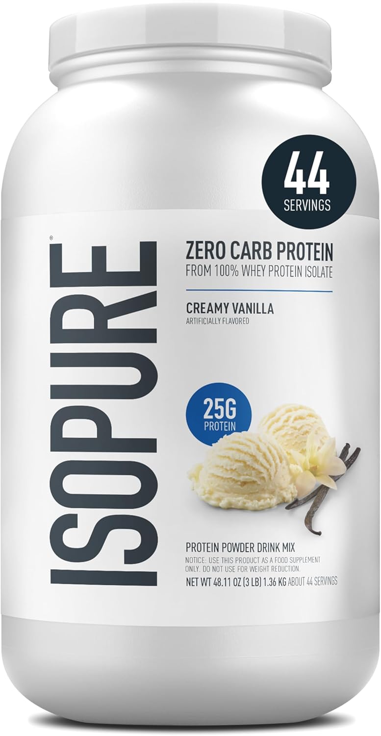 Isopure zero carb protein powder container with vanilla flavor on a white background