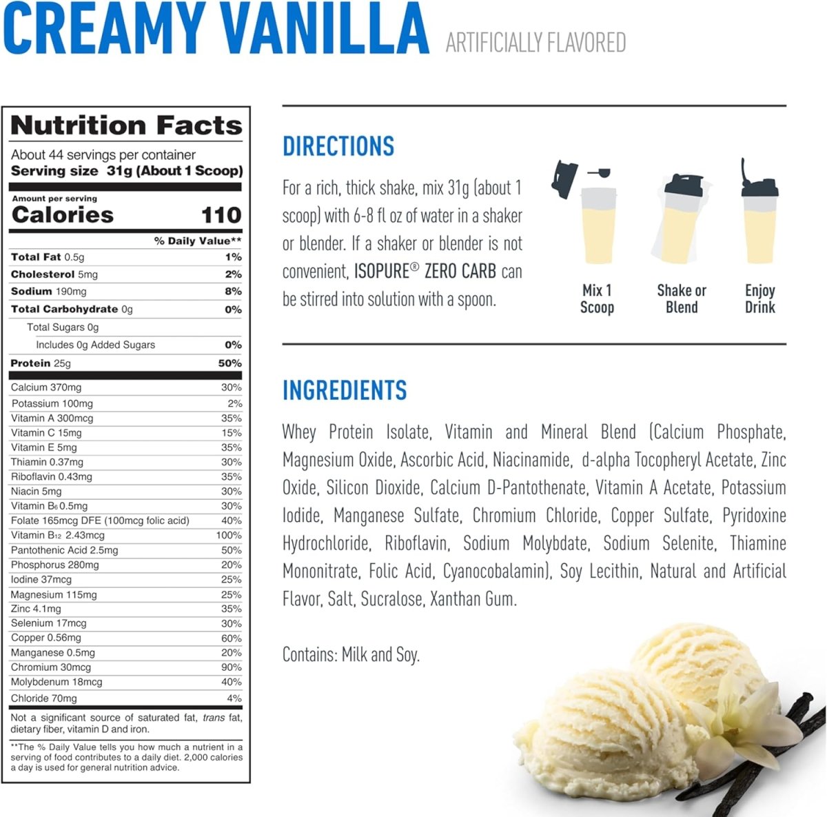Isopure Zero Carb Whey Protein Isolate Powder – Creamy Vanilla, 3 lbs, 25g Protein, Keto Friendly, Gluten Free, Lactose Free - Endnutrition.com