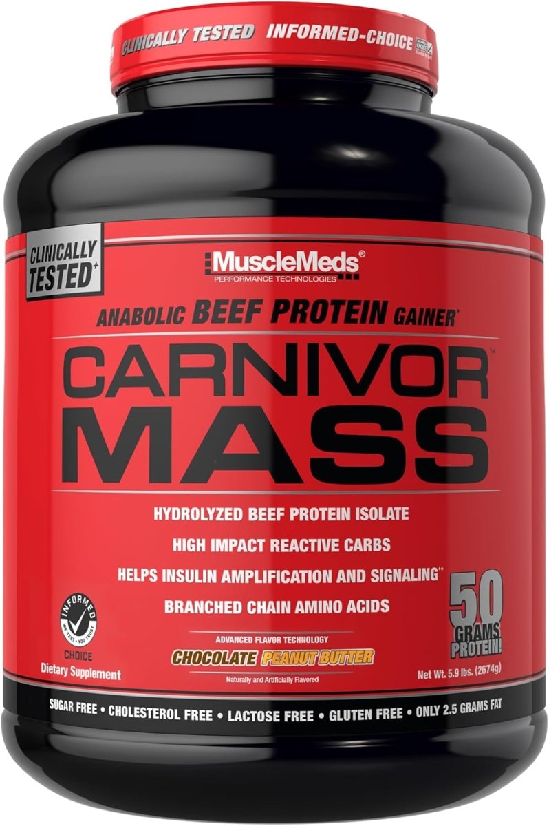 MuscleMeds Carnivor Mass Anabolic Beef Protein Gainer Chocolate Peanut Butter – 6lb | High - Calorie Mass Gainer with 50g Protein, 125g Carbs & Creatine - END Nutrition