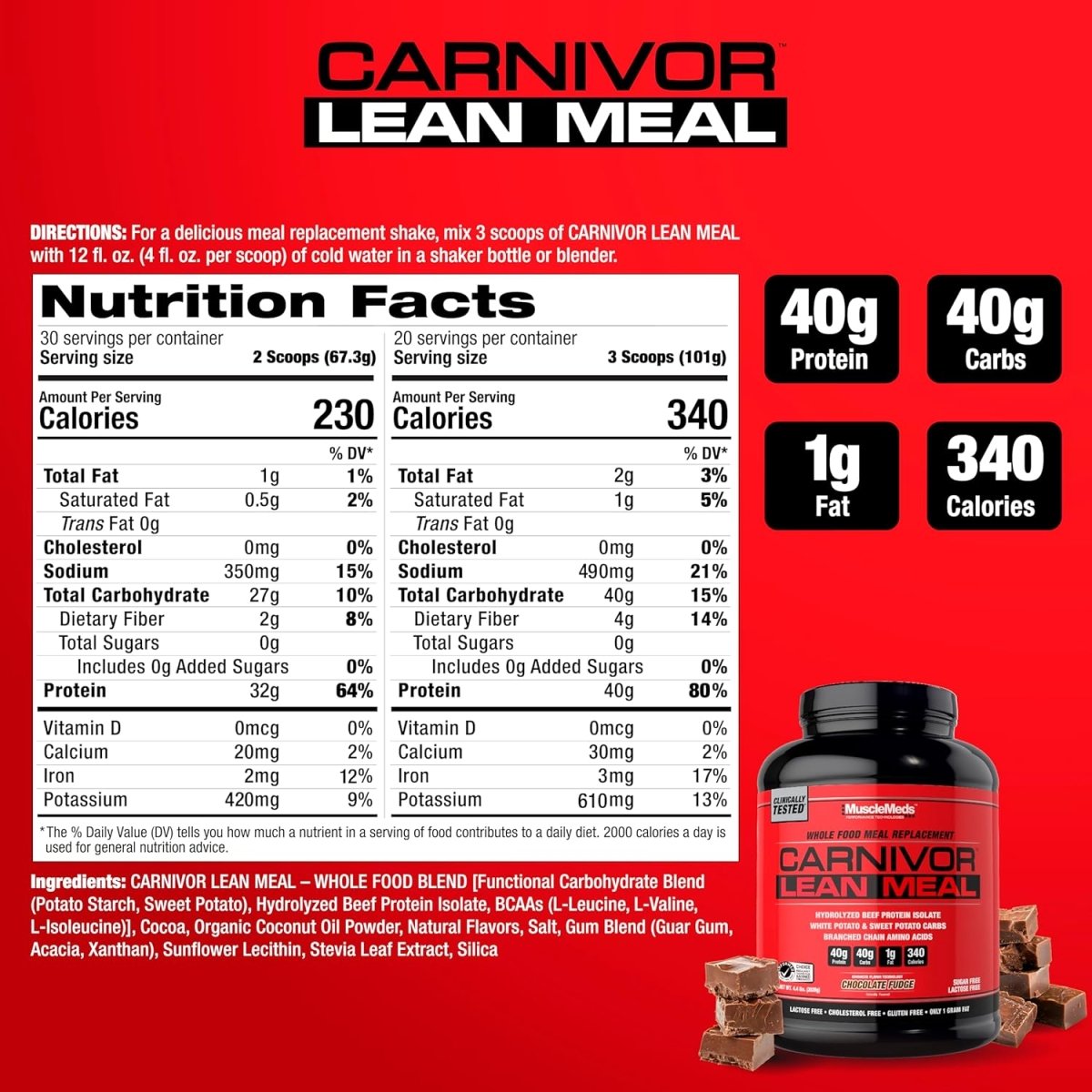 MuscleMeds CARNIVOR LEAN MEAL Whole Food Meal Replacement Shake, Beef Protein Isolate, White & Sweet Potato, 40g Protein, 40g Carbs, Lactose Free, Sugar Free, Chocolate Fudge, 20 Servings, 4.4 lbs - END Nutrition