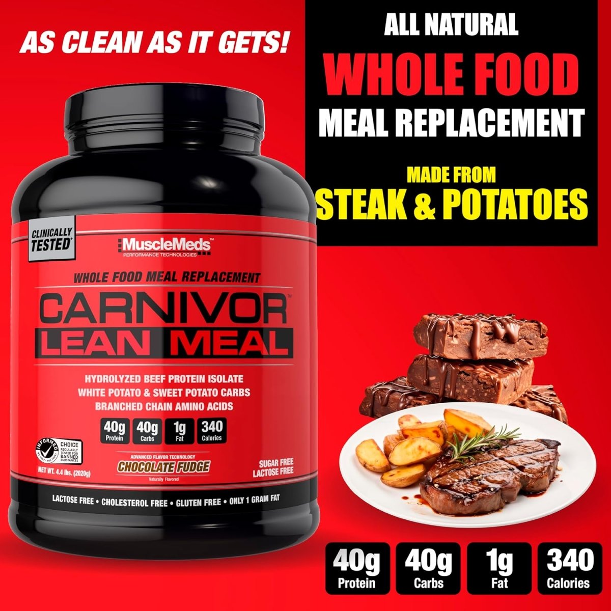 MuscleMeds CARNIVOR LEAN MEAL Whole Food Meal Replacement Shake, Beef Protein Isolate, White & Sweet Potato, 40g Protein, 40g Carbs, Lactose Free, Sugar Free, Chocolate Fudge, 20 Servings, 4.4 lbs - END Nutrition