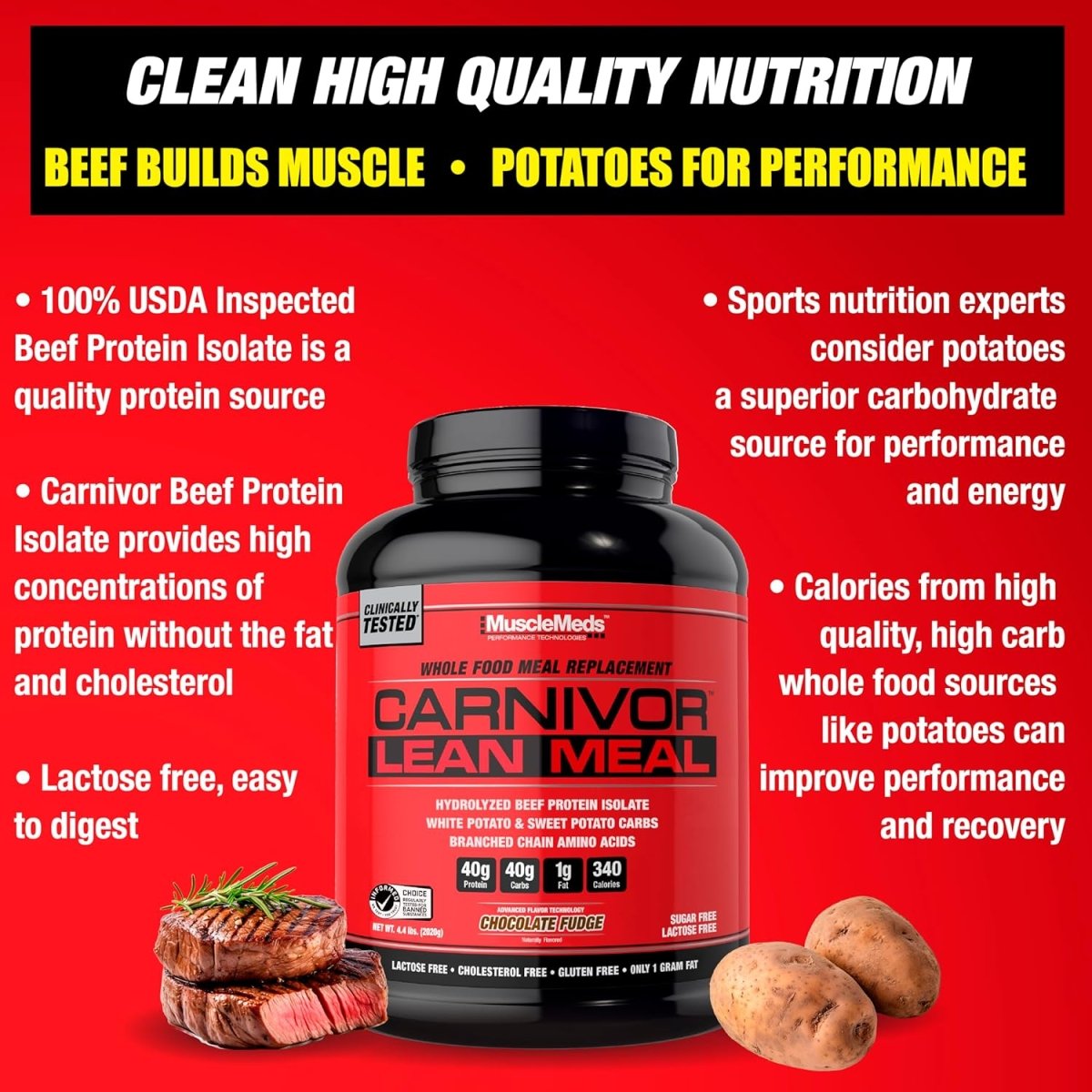 MuscleMeds CARNIVOR LEAN MEAL Whole Food Meal Replacement Shake, Beef Protein Isolate, White & Sweet Potato, 40g Protein, 40g Carbs, Lactose Free, Sugar Free, Chocolate Fudge, 20 Servings, 4.4 lbs - END Nutrition
