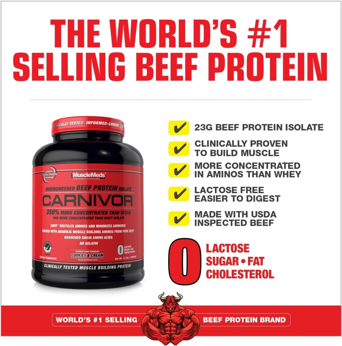 MuscleMeds Carnivor Beef Protein Isolate Cookies & Cream 4lb – 23g Protein, Lactose - Free, Sugar - Free Muscle Builder, 56 Servings - END Nutrition