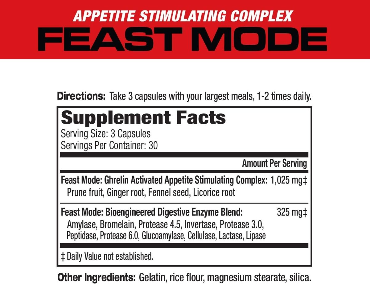 MuscleMeds Feast Mode Appetite Stimulant Capsules – 90 Count | Weight Gain & Digestive Enzyme Support | Increases Hunger & Calorie Intake - END Nutrition