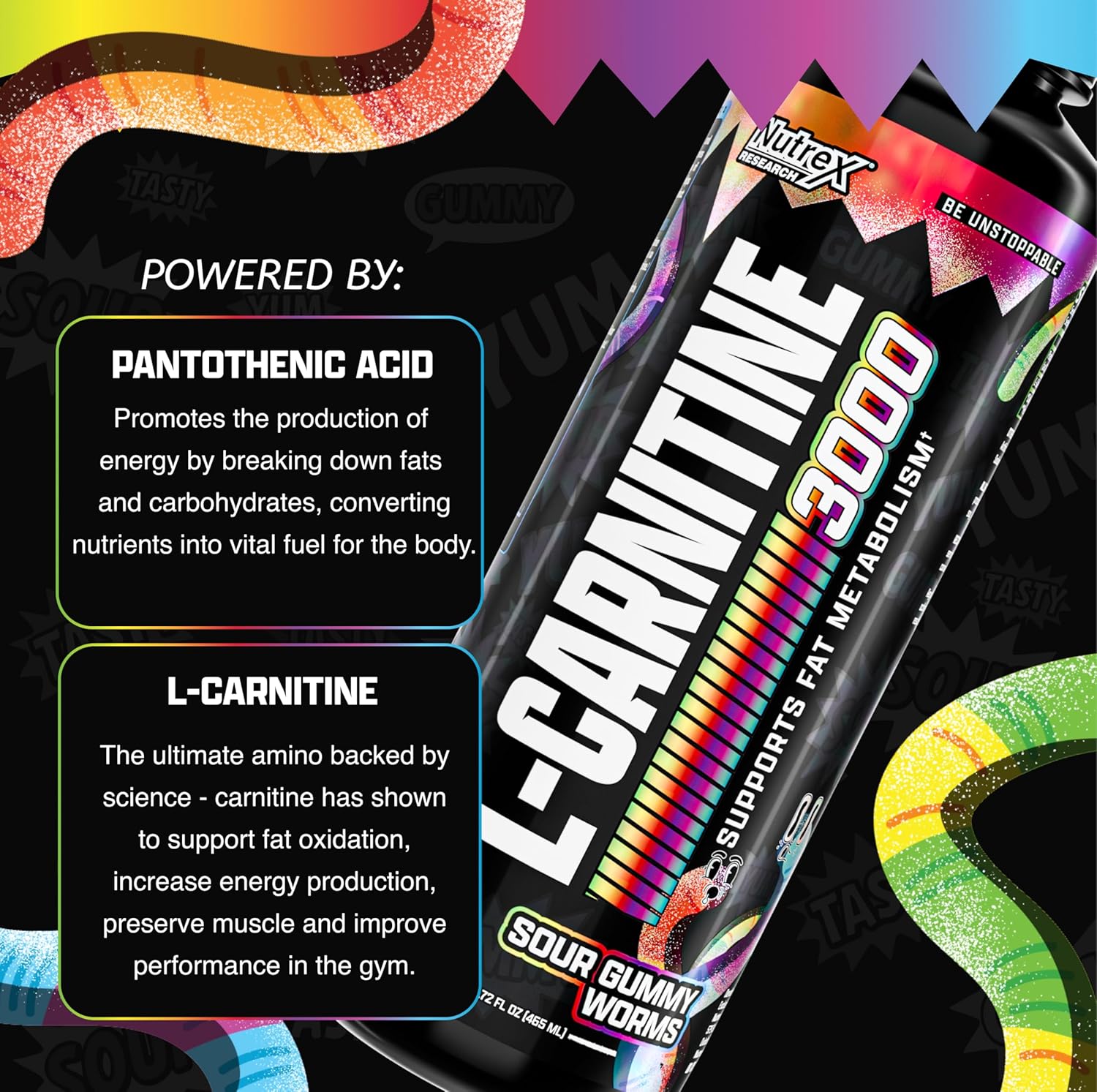 Nutrex Liquid L‑Carnitine 3000 – Sour Gummy Worms – 31 Servings - Muscle Recovery,Metabolism, Energy & Endurance Support