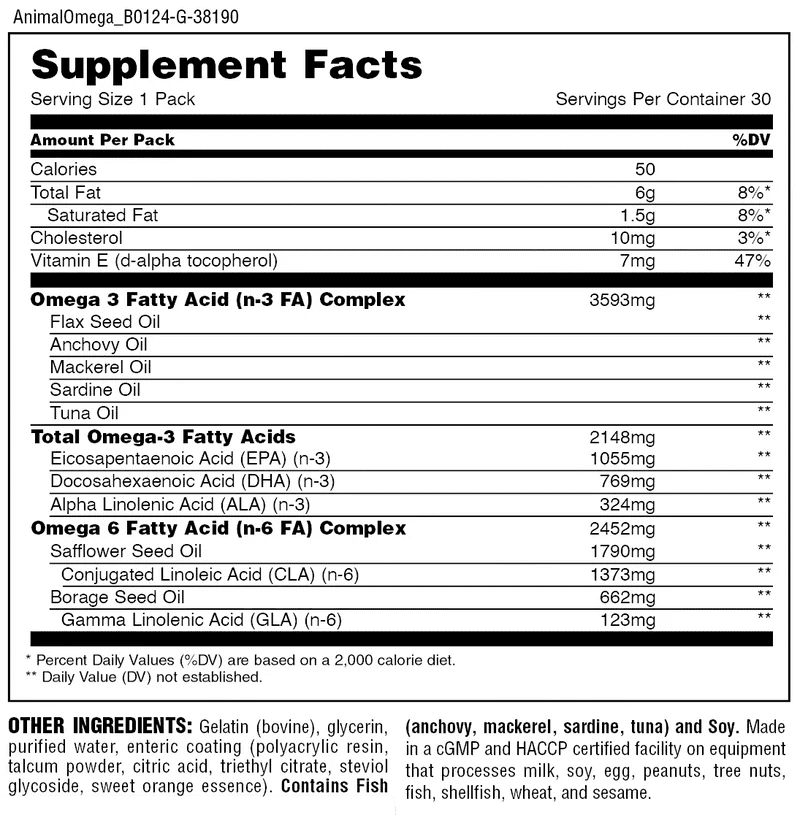 Universal Nutrition Animal Advanced Omega 3 – 3500 mg EPA & DHA Fish Oil + CLA, GLA, ALA – Brain, Skin, Eye, Immune & Joint Support – 30 Pill Packs - endnutrition.com