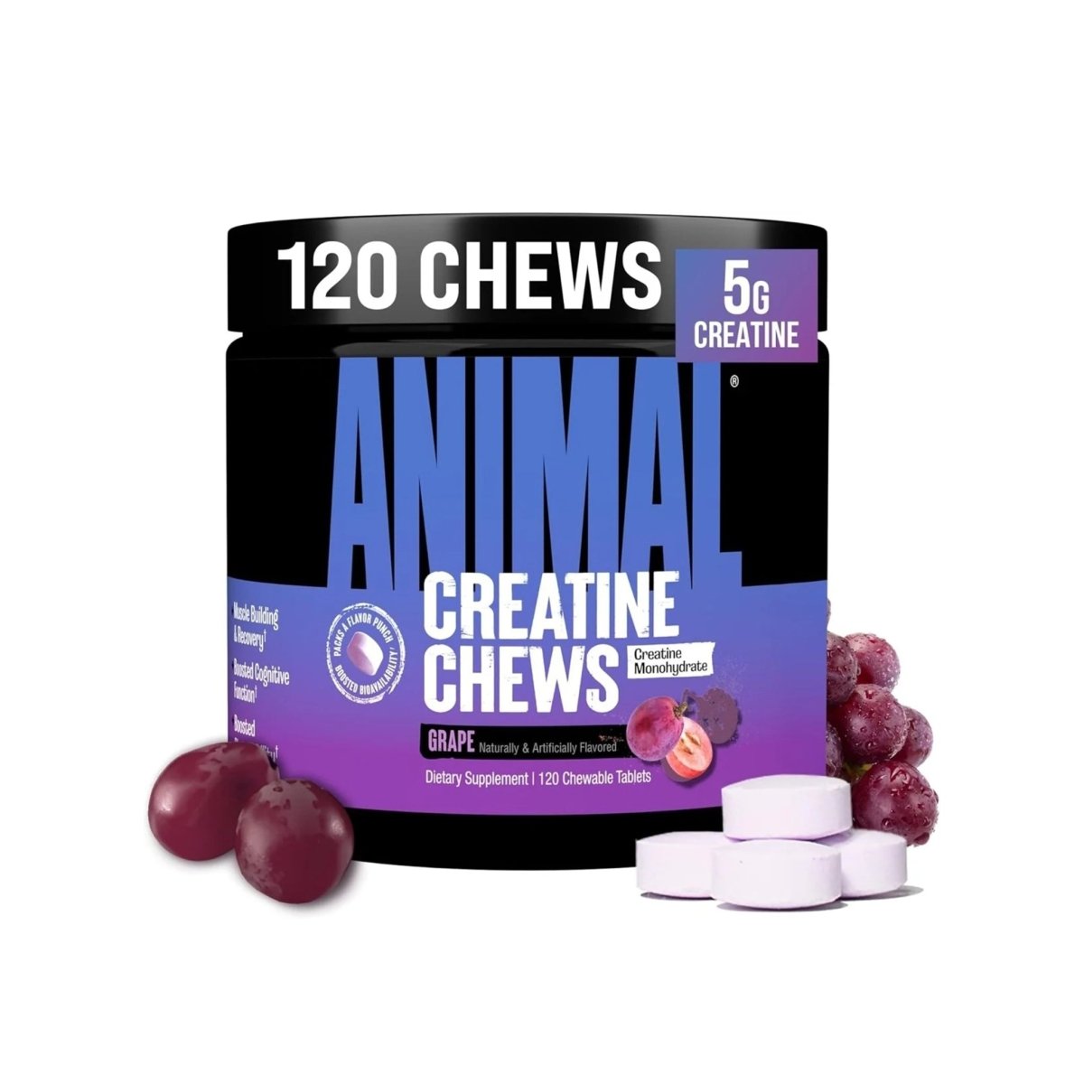 Universal Nutrition Animal Creatine Chews – Micronized Creatine for Strength, Recovery & Energy – Grape Flavor – 120 Chews - endnutrition.com